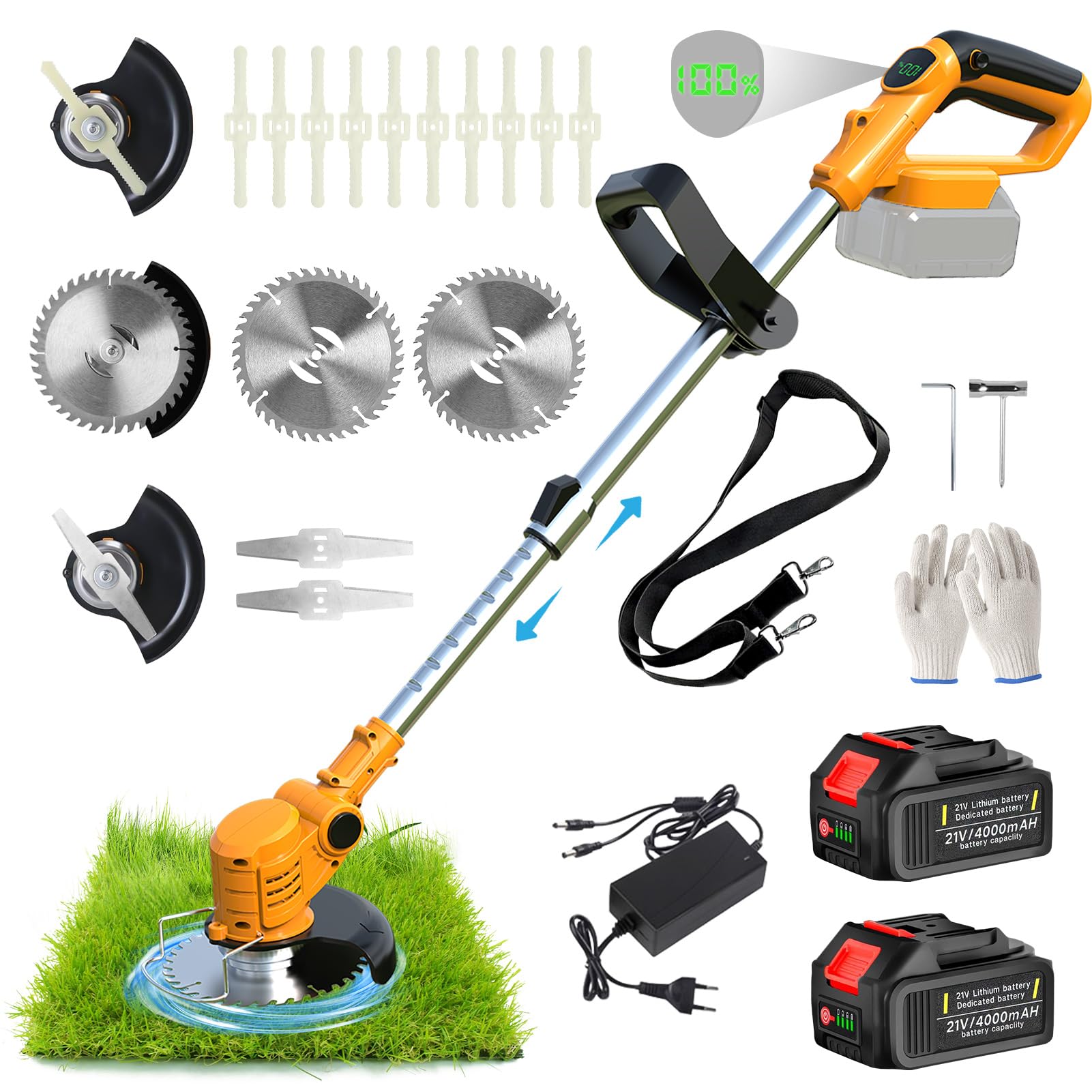 Decespugliatore a Batteria 21V, Tagliaerba a Batteria con 2X4.0Ah Batterie e 3 Tipi Lame, Maniglia Telescopica, Tagliaerba Elettrico per Rifinire Giardini, Prati e Arbusti