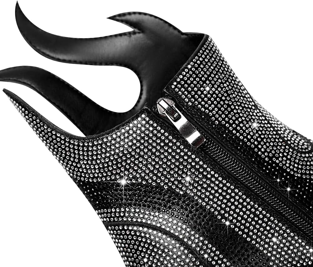 Womens Sparkling Rhinestone Cowboy Boots Bling Flame Chunky Heel Diamond Ankle Boots Pointy Toe Side Zip Black Glitter Cowboy Boots
