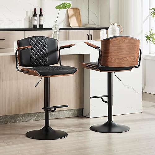Juego de 2 taburetes de barra de mostrador, 24-33 pulgadas de altura ajustable con respaldo y reposabrazos, piel sintética, fácil montaje, cómodo y