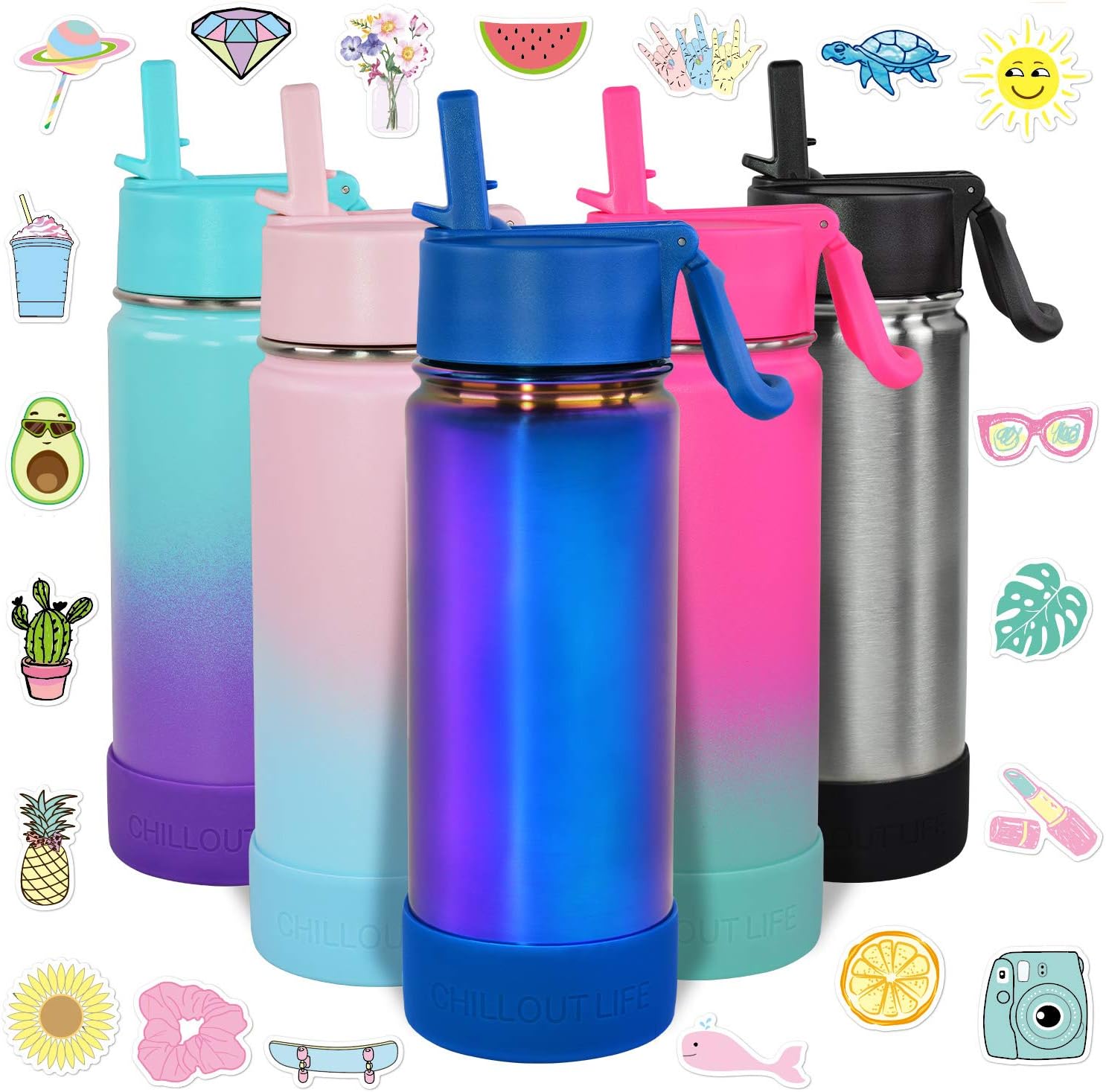 CHILLOUT LIFE 17 oz Kids Insulated Water Bottle for School with Straw Lid Leakproof and Cute Waterproof Stickers, Personalized Stainless Steel Thermos Flask Metal Water Bottle, Dishwasher Safe Color