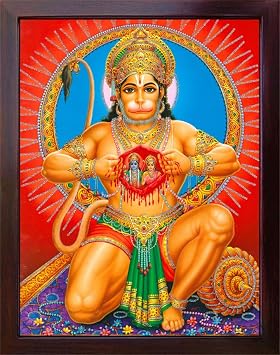 Hanuman Showing Sita Ram Sitting in His Heart, a Holy Hindu Poster Painting with Frame for Worship Purpose