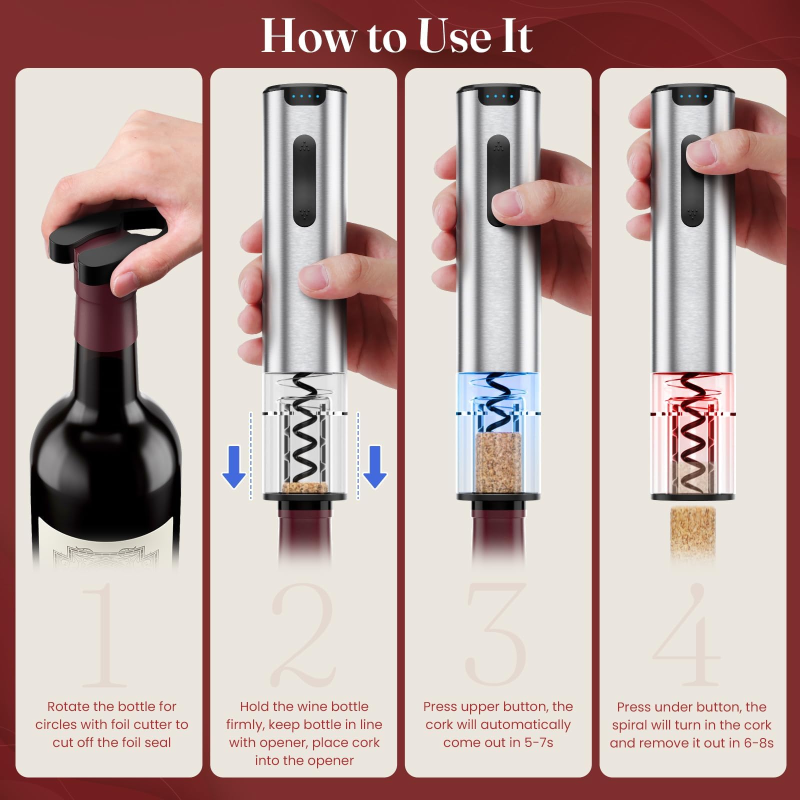 Abrebotellas de vino eléctrico, abridor automático de vino con cortador de papel de aluminio, tapón al vacío, vertedor, abridor de botellas de vino recargable, recuerdo de fiesta, regalo de 3
