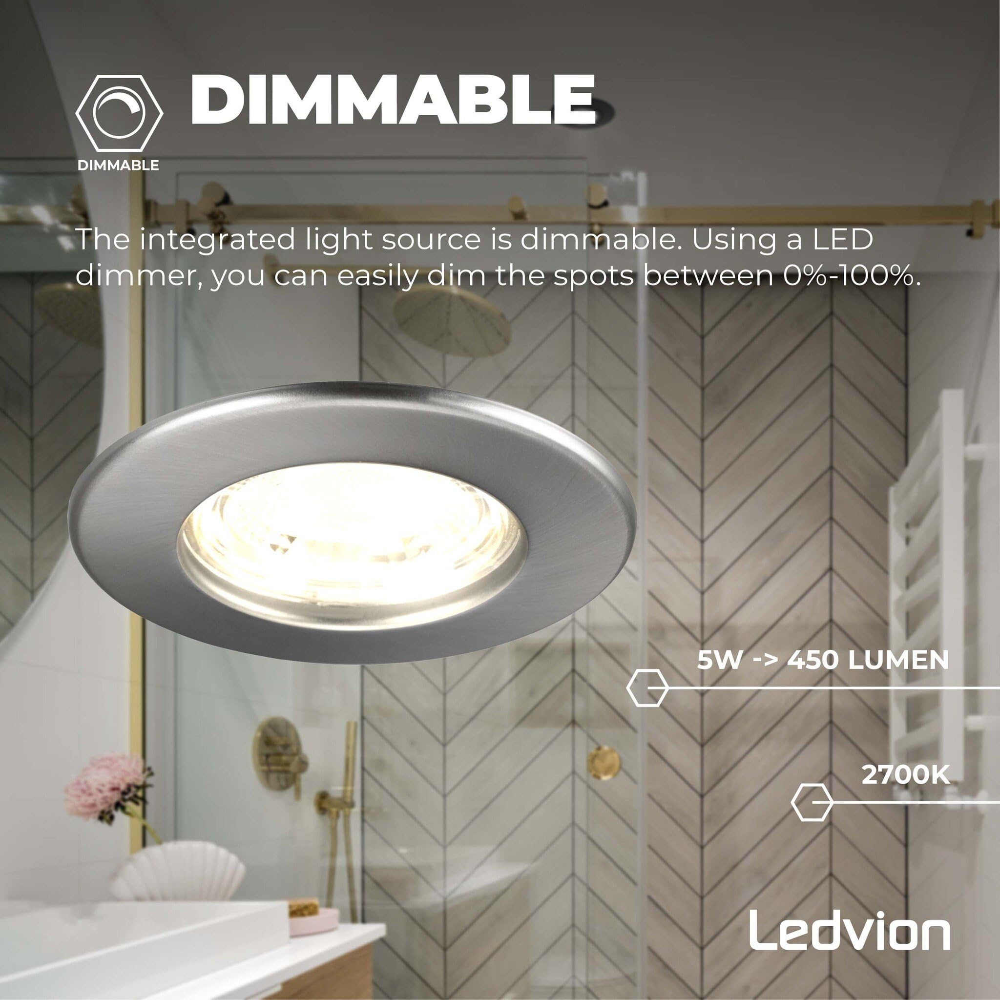 Ledvion 6 pezzi faretto LED 5W bianco caldo impermeabile IP65 dimmerabile | Foro di incasso Ø84mm; Impermeabile per bagno doccia e ambienti umidi interni; Sorgente LED integrata inclusa