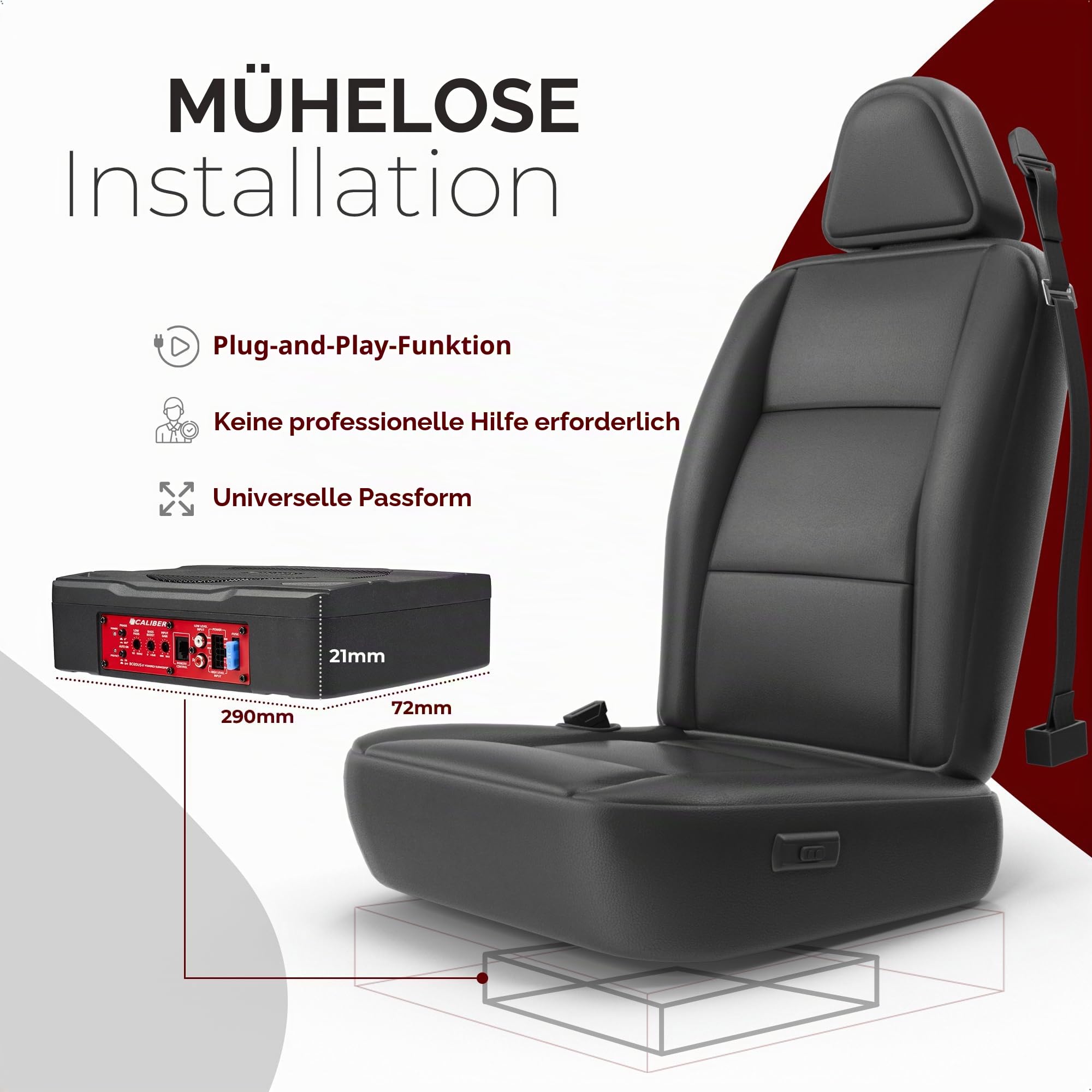 Caliber Untersitz Subwoofer Aktiv – Aktiv subwoofer für Auto - 500W – Verstärker - Bassbox - Car HiFi – 290 x 210 x 72 mm – Schwarz
