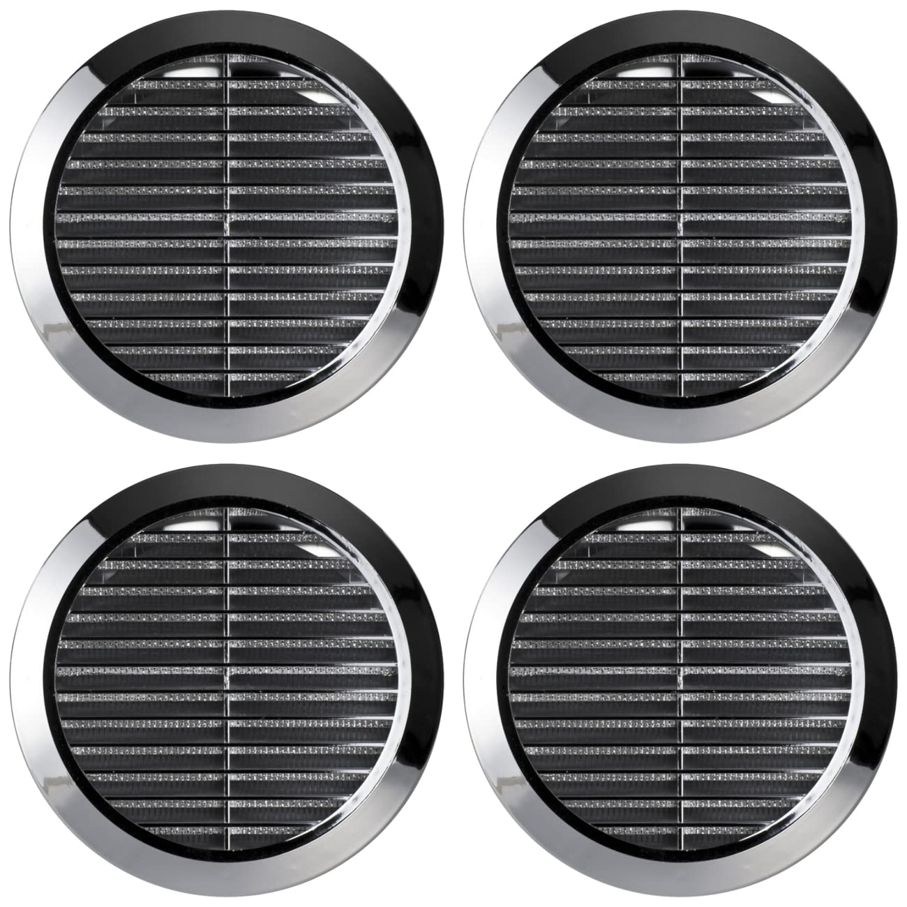 4 Pcs of Chrome Louvred Wall Vent Grille with Flyscreen for Ø 100 mm / 4" Round Wall Outlet - Air Ventilation Duct Cover with Anti-Insect Mesh and Rear Spigot, Tough and Durable ABS Plastic
