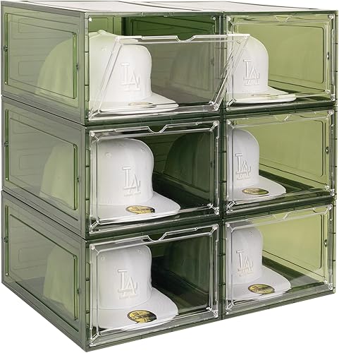 Miniatura 43 de Paquete de 6 cajas organizadoras de sombreros, apilables transparentes para gorras de béisbol, contenedores con puerta magnética para sombreros