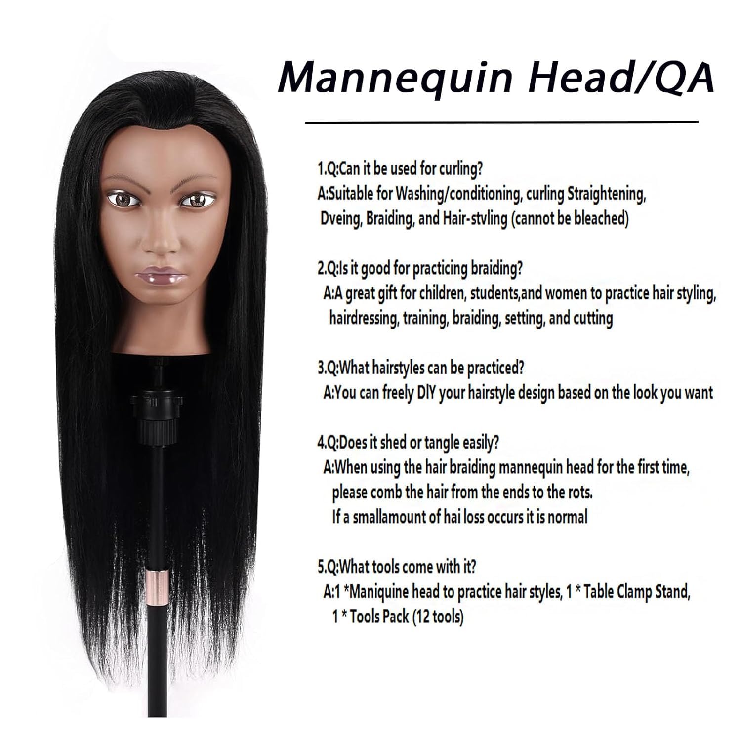 Friseur Übungskopf 100% Echthaar, 66 cm / 26 Zoll Mannequin Kopf mit Haaren, Friseurkopf Trainingskopf mit Klemme & Zubehör, Frisierpuppe für Schneiden, Flechten, Styling (Schwarz)