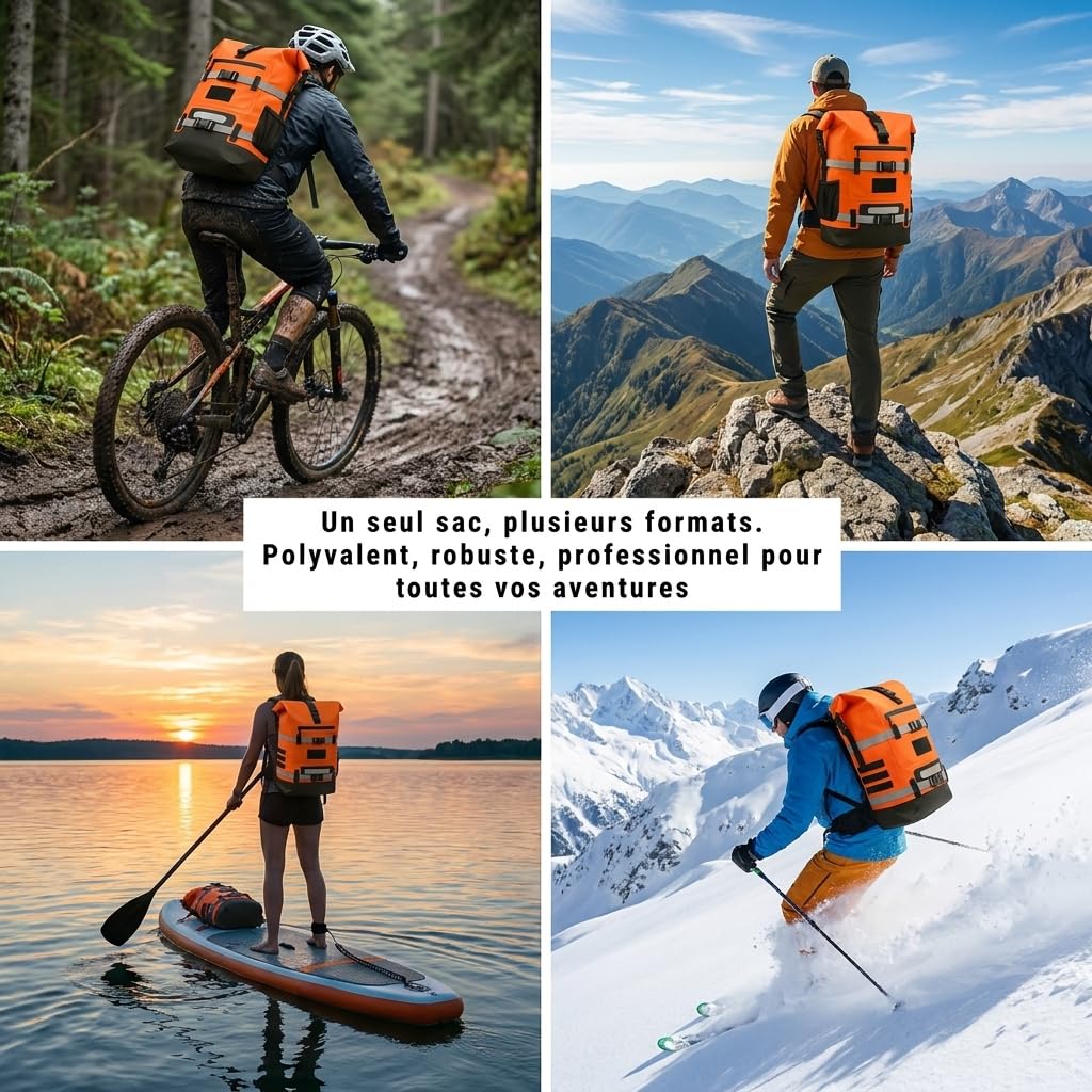 Mochila impermeable (30 L, resistente al agua, IPX6, bolsa de náutica, kayak, pádel, barco senderismo, muchos sujetadores, bolsillo delantero, bolsillo para agua)
