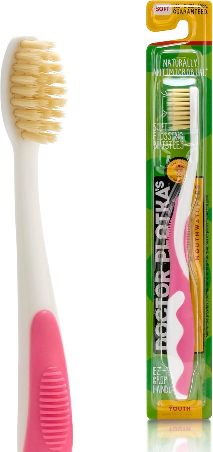 MOUTHWATCHERS Soft Flossing Toothbrushes for Kids, Pink, Ultra Clean Manual Toothbrush for Sensitive Teeth & Gums, by Dr. Plotka