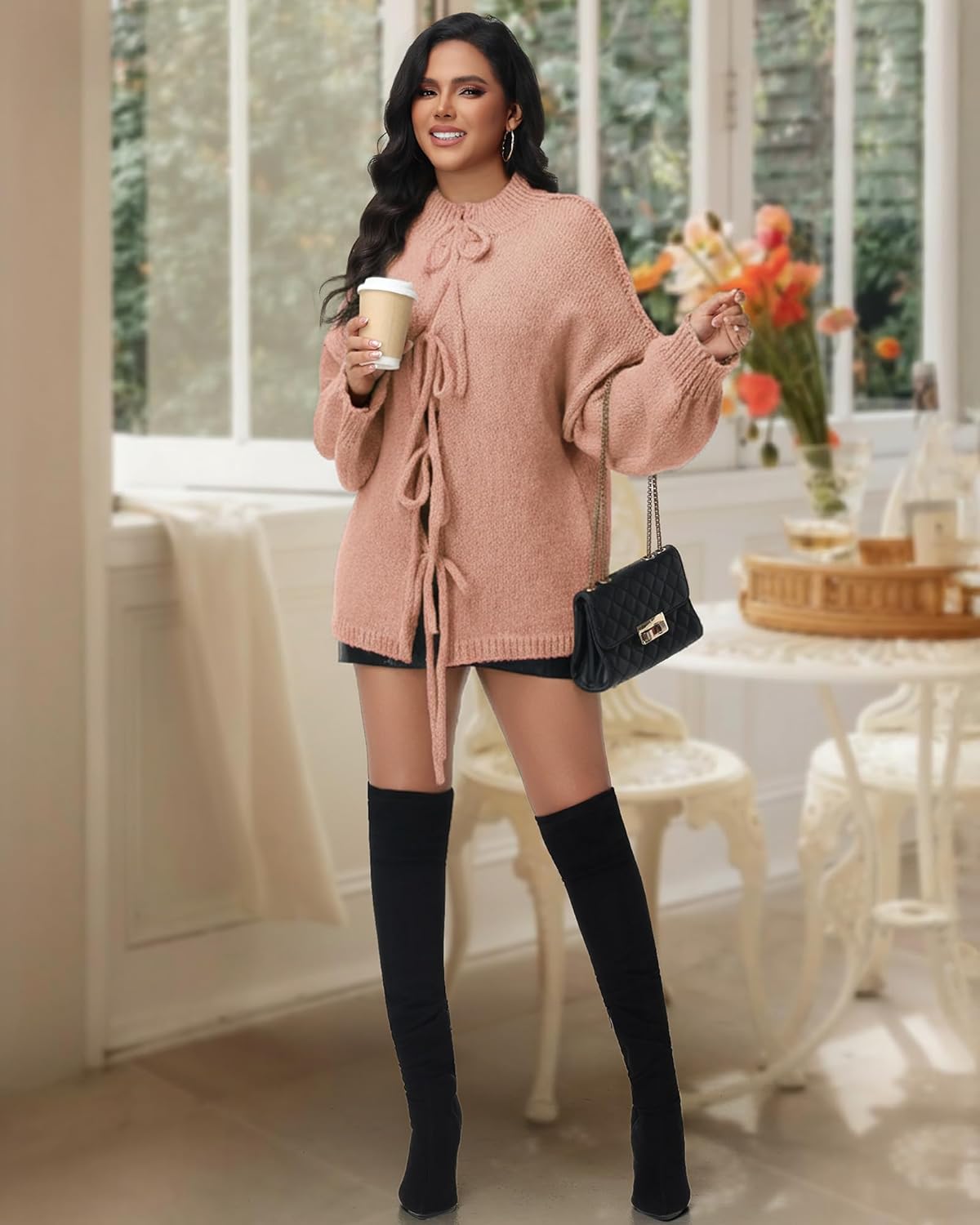 Women Tie Front Bow Cardigan Sweater Long Puff Sleeve Chunky Knit Cardigan Lace Up Crew Neck Crochet Winter Outfit - Image 4