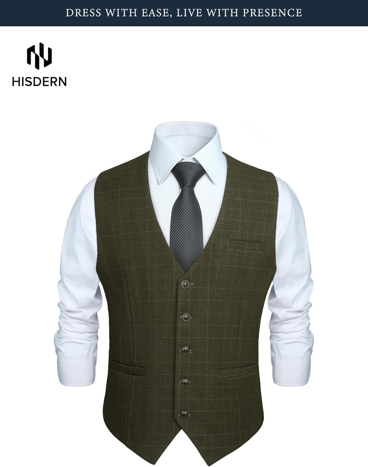 HISDERN Men's Suit Vest Plaid Dress Vest for Men Slim Fit Formal Business Waistcoat Tuxedo V-Neck Solid Vest for Wedding - Image 8
