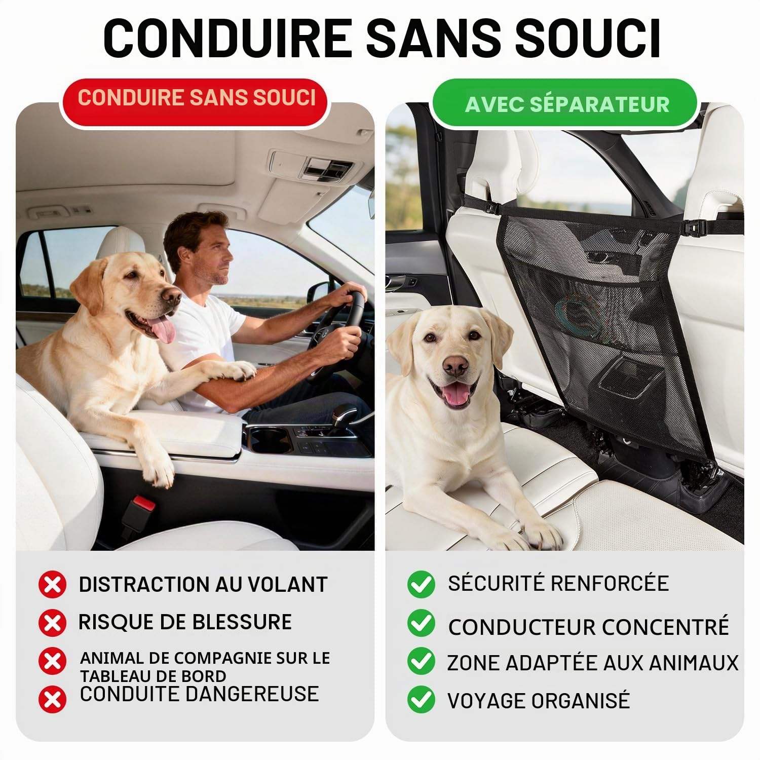 GGW Grille Pare-Chien pour Siège Arrière Voiture avec Poches, Universel | Filet de séparation pour siège avant. Barrière de sécurité contre les chiens pour siège arrière. Ajustement universel.