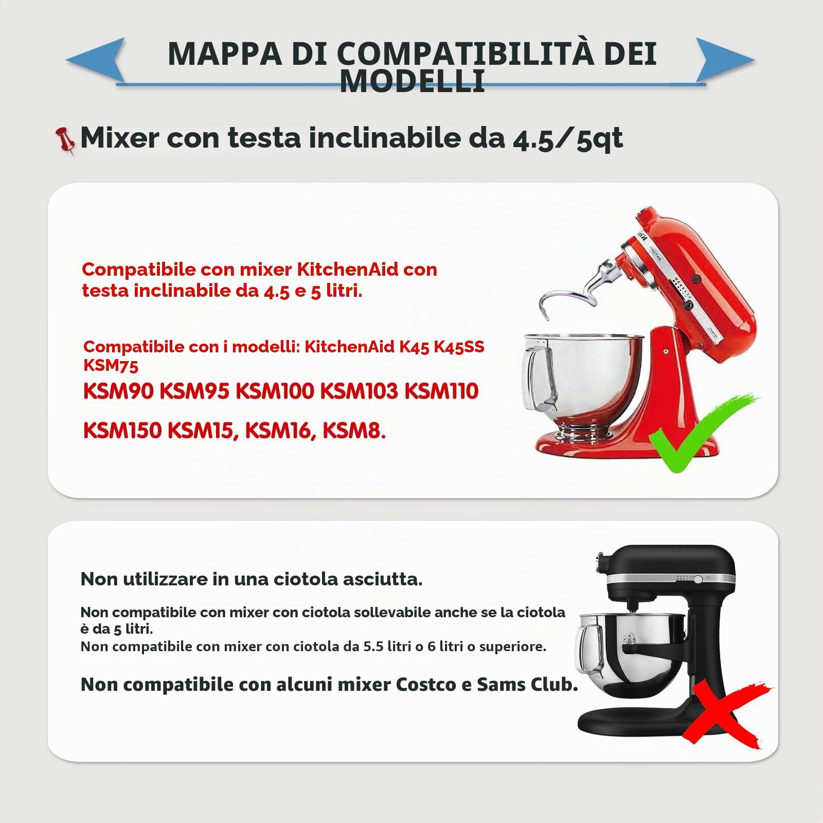 Gancio spirale per impasto per KitchenAid 4,5 e 5 quarti con testa inclinabile, Acciaio inossidabile, Accessori per mixer KitchenAid