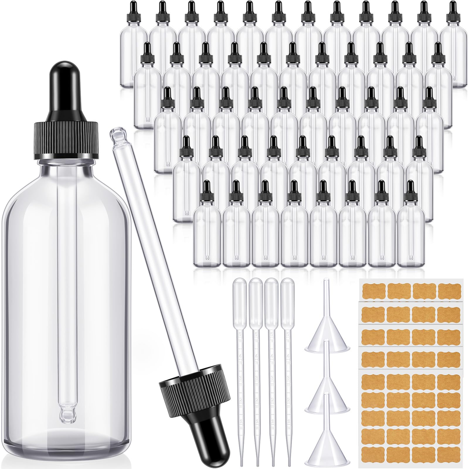 Lallisa 48 Stück Glas-Tropfflaschen mit Augentropfenspender, Labor Tropfflaschen mit 4 langen Pipetten, 4 Trichter und 80 Etiketten für Reisen, Nagelhautmassage, ätherische Öle, Parfüm (transparent,