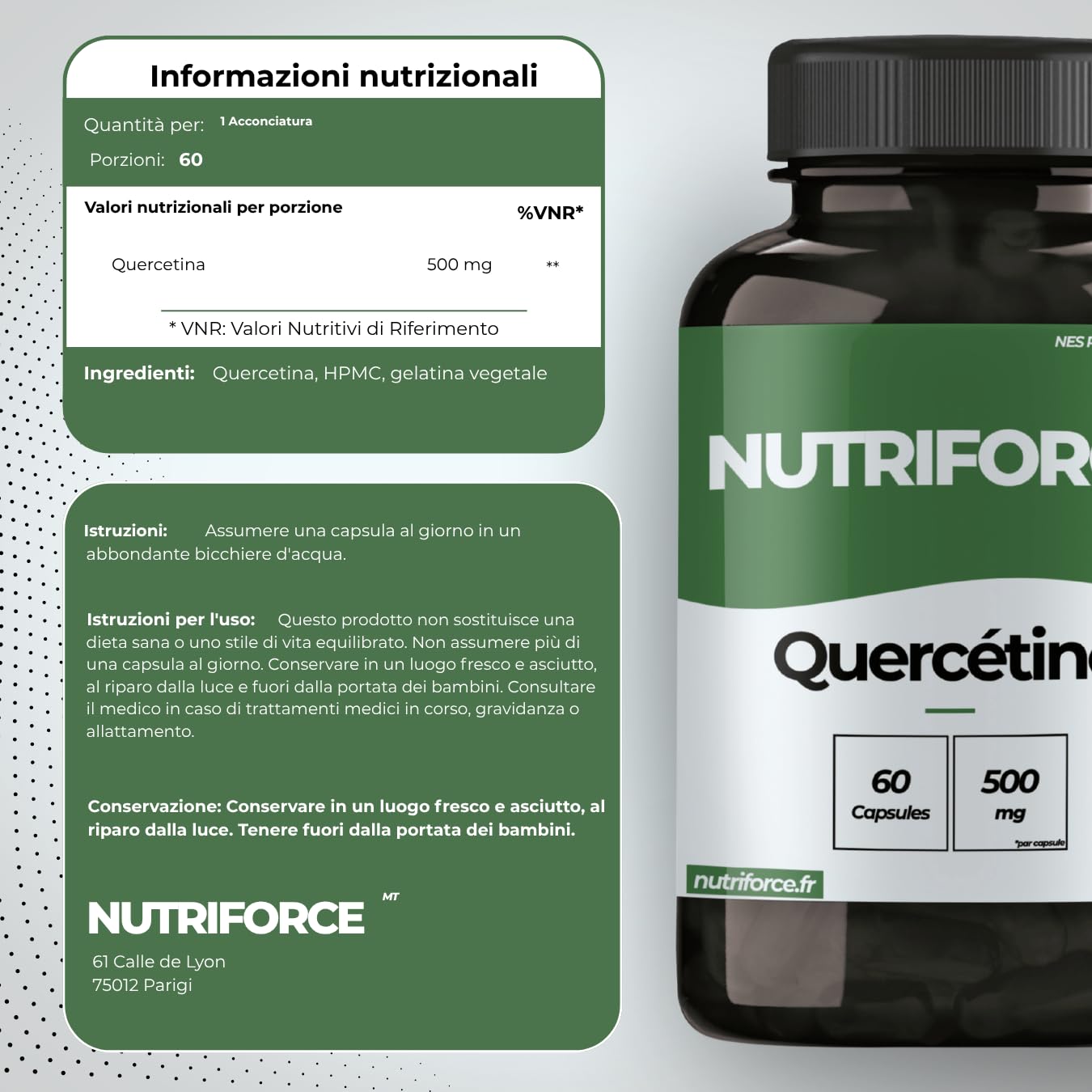 Quercetina – Antiossidante, Allergie e Benessere Intestinale – Pelle e Capelli – Integratore Naturale – Prodotto in Francia