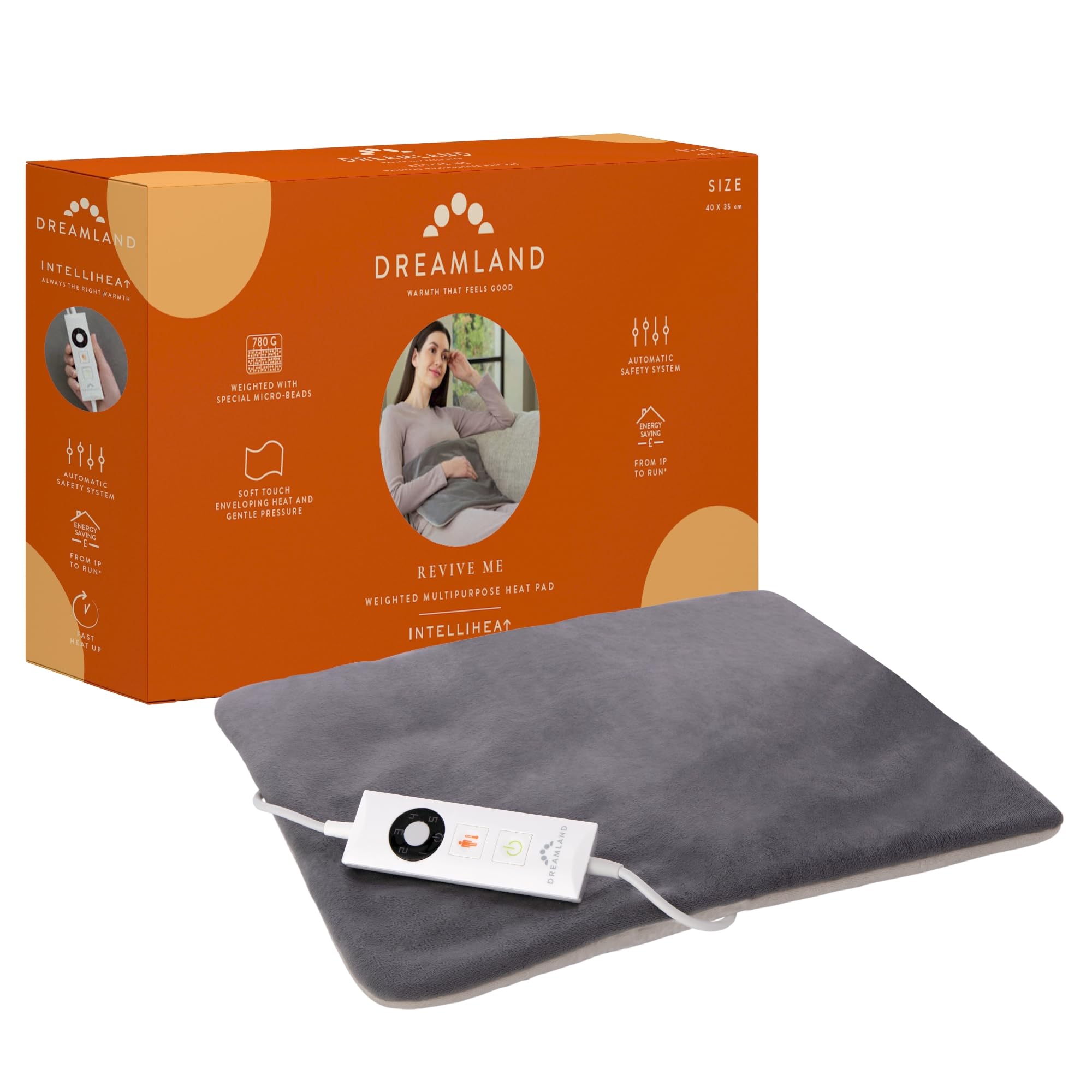 Dreamland Revive Me - Almohadilla térmica multiusos con peso, gris, calentamiento rápido, temperatura ajustable en 3 horas, apagado automático de seguridad, lavable a máquina, ideal para dolor de