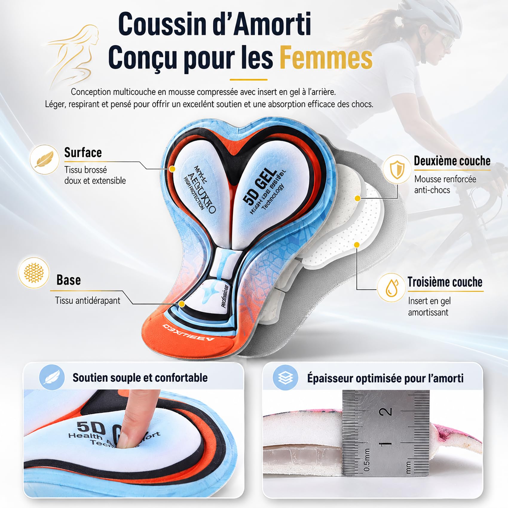 Cuissard Vélo Femme 2 en 1 Jupe Short Cyclisme avec Rembourrage Gel 5D, Taille Haute, Poche Intérieure, Antichoc Respirant Été