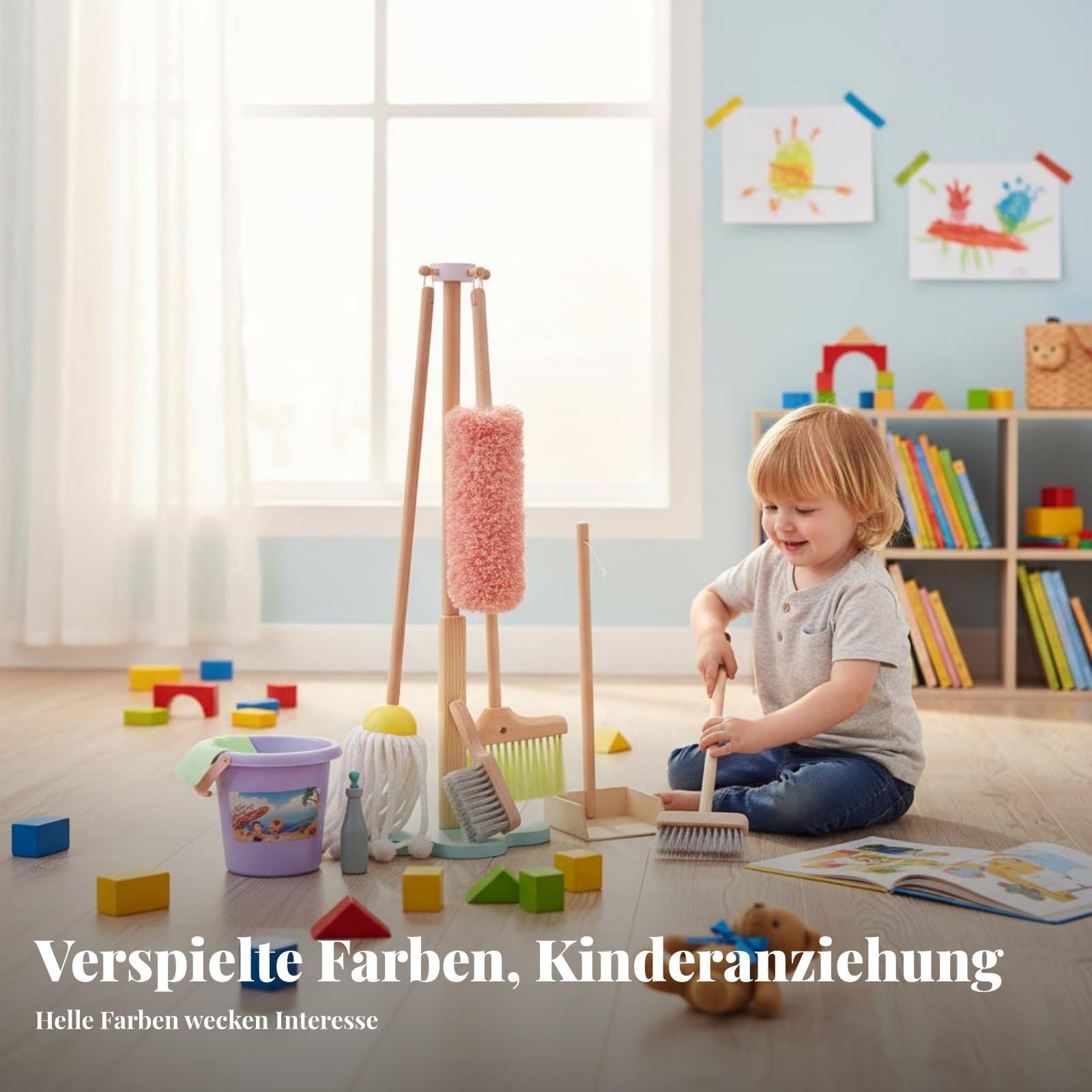 Carrello Pulizia Bambini con Scopa Paletta Spazzola Set Giocattolo in Legno Perfetto per Gioco Educativo Sviluppo Abilità Coordinazione Adatto a Casa Asilo Regalo Bambini
