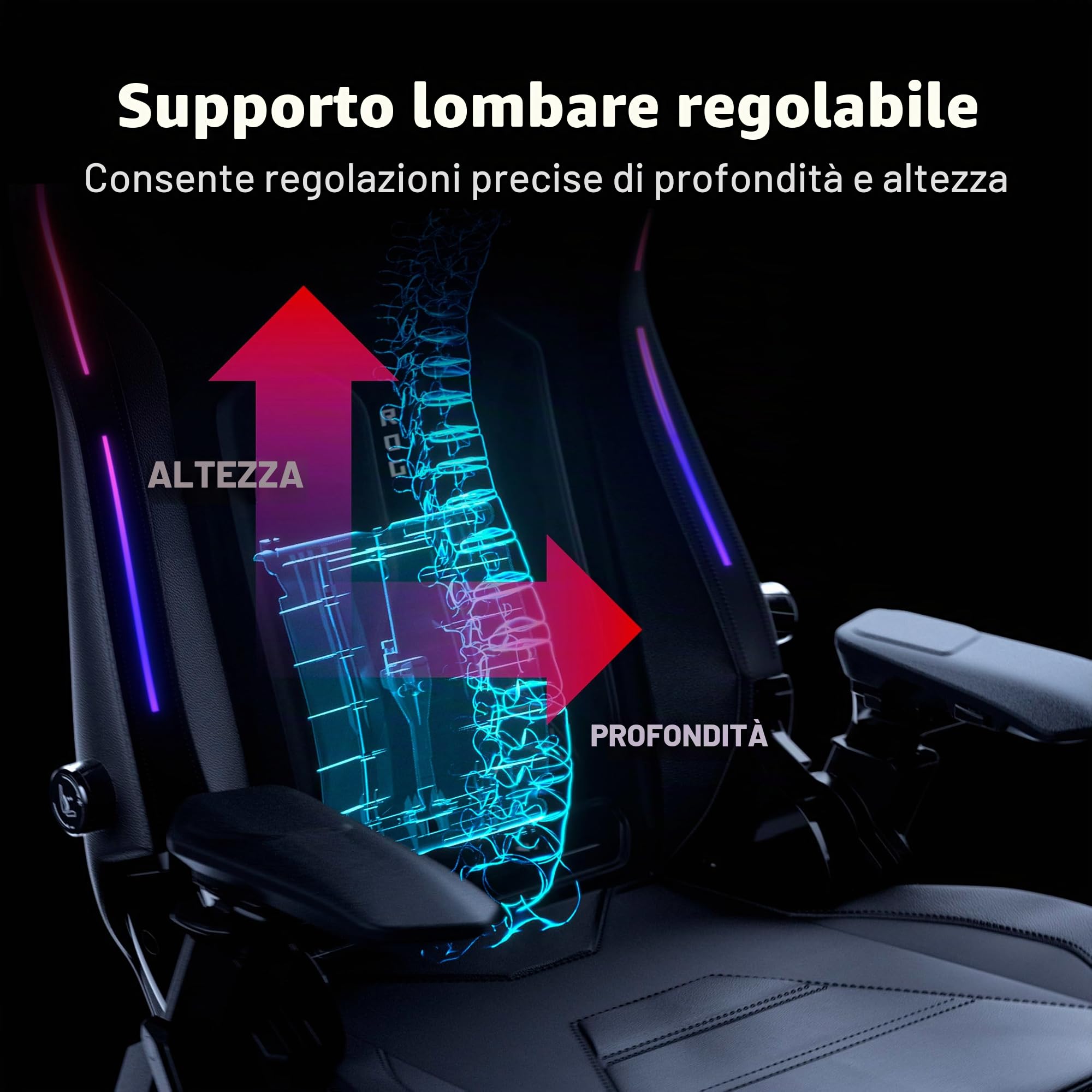 ASUS ROG COURSER, Sedia Gaming Ergonomica, Supporto Lombare, Nera | Braccioli 4D Girevoli, Poggiatesta Magnetico, Ampia Seduta da 55cm, Illuminazione RGB, Peso Massimo Supportato 136kg