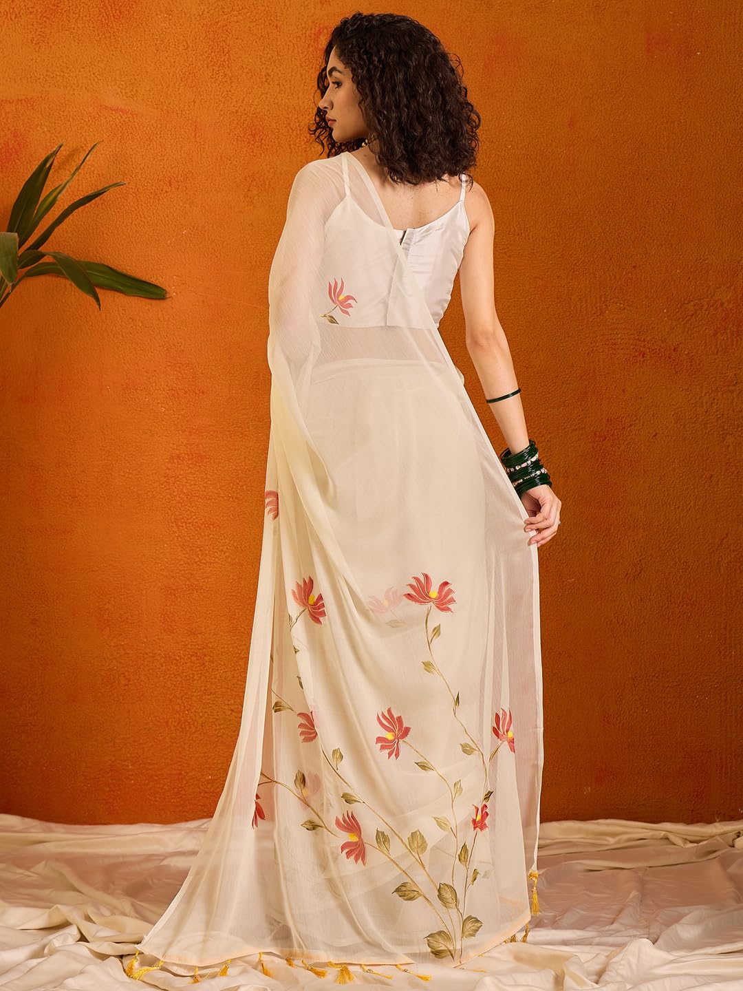 SAREE MALL Women's Off White Chiffon Botanical Printed Saree With Unstitched Blouse Piece (PAINTING102_SU)