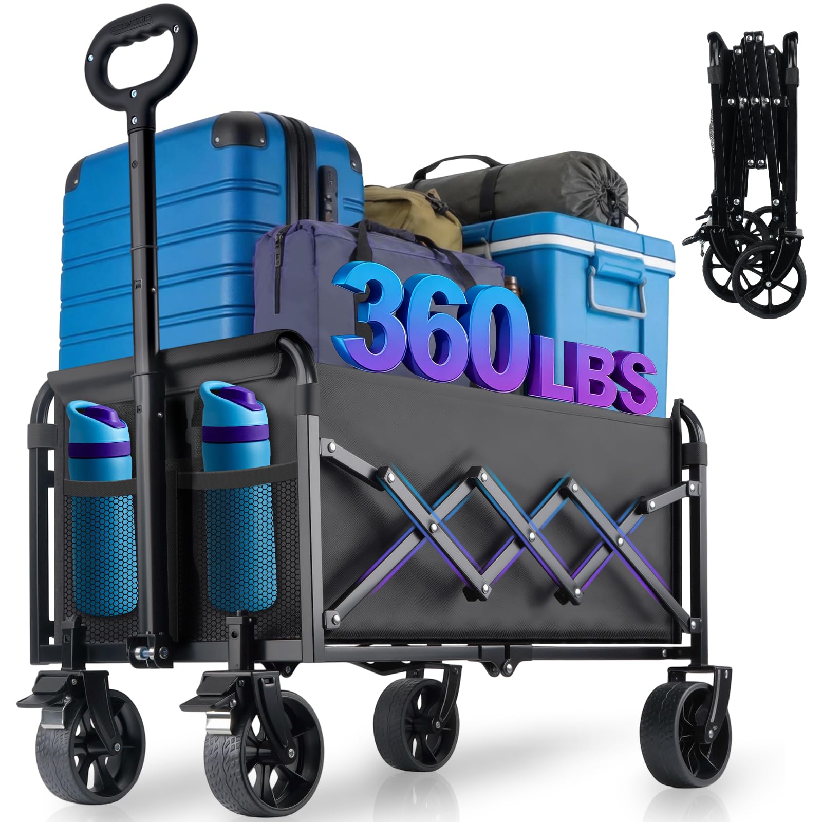 360LBS Collapsible Wagon Cart Foldable - Heavy Duty Portable Utility Folding Beach Wagon Cart with 360° Swivel Wheels & Brakes for Groceries Garden