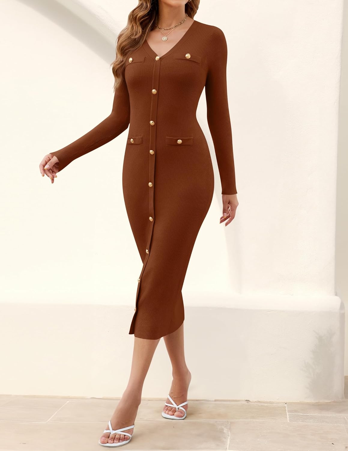 MIROL Women's V-Neck Bodycon Sweater Dress 2026 Fall Long Sleeve Button Down Knit Maxi Dress Elegant Long Dresses - Image 4