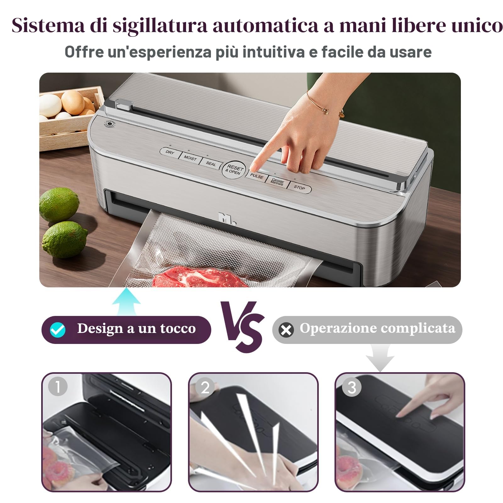 Mesliese 85kPa 120 W, macchina per sigillatura automatica degli alimenti, potente sistema di sigillatura, taglierina integrata, contenitore per sacchetti, 2 rotoli di sacchetto (Acciaio inossidabile)
