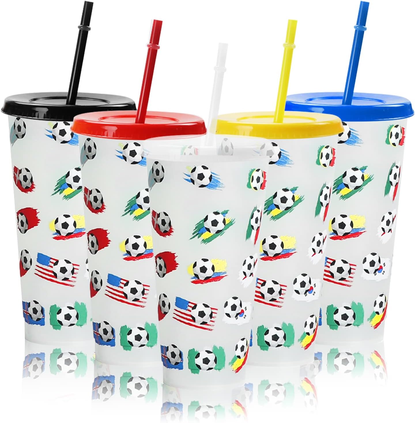 Chris.W Soccer Ball Color Changing Cups with Lids & Straws-24oz Reusable Plastic Tumblers Straws for World Party Cup Ice Cold Drinking Cup Kids Adults (Football)