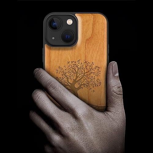 Miniatura 2 de Carveit Funda magnética de madera para iPhone 13 Mini, madera real dura y TPU suave negro, a prueba de golpes, funda de madera única y elegante