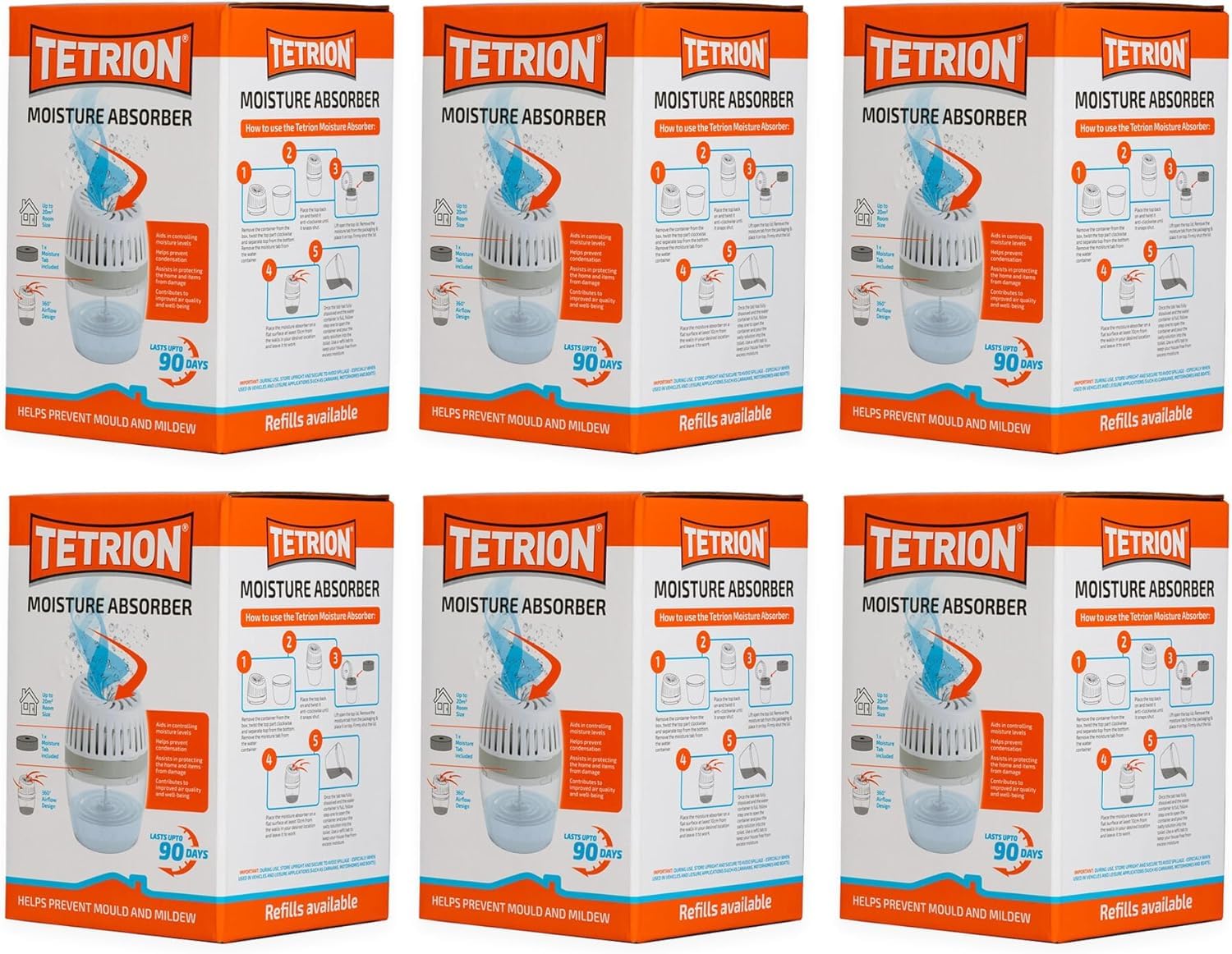 Tetrion Moisture Absorber - Prevents Condensation, Controls Moisture, Improves Air Quality - Advanced 360° Airflow, 20m² Coverage - Versatile and Easy-to-Use Solution (Pack of 6)