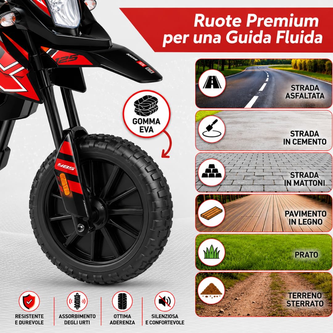 Moto Elettrica per bambini 12V Super Cross Aprilia RX125 con licenza ufficiale Moto da Cross con Ruote in Gomma Sedile in pelle Doppio Motore con Rotelle Luci e Suoni integrati (Rosso)