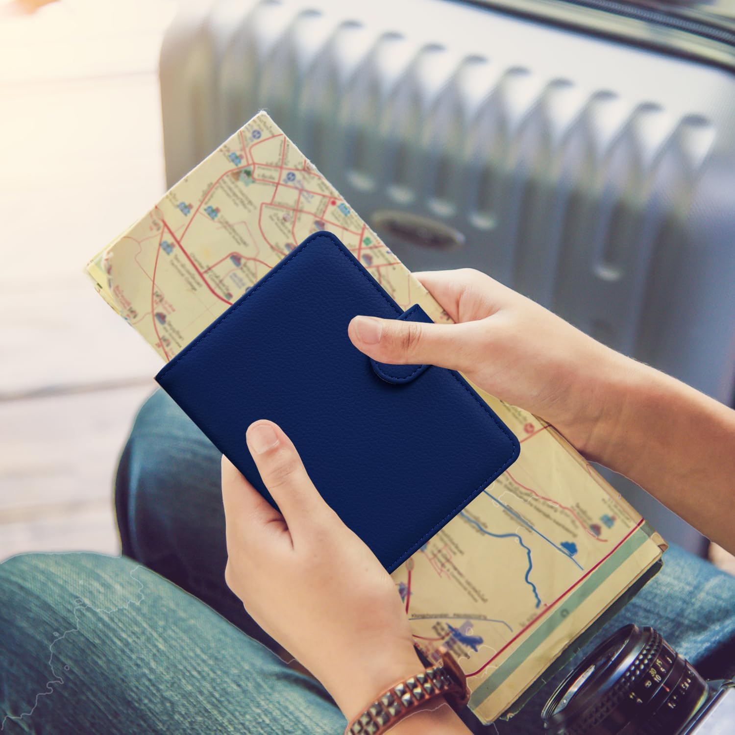 HOTCOOL Passport Holder Travel Essentials Airplane & Cruise Essentials Ship Leather Wallet Cover Case RFID Blocking Women & Men Vacation Travel Accessories Gifts Deals, Litchi - Navy Blue