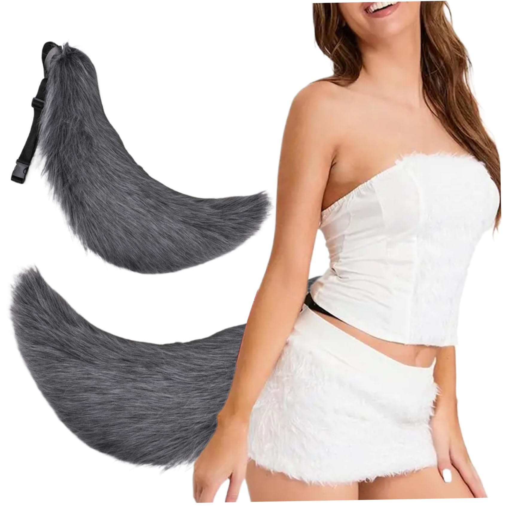 Therian-Schwanz, 68, 6 cm – Halloween-Pelzschwanz mit Gürtel, Kunstfell-Wolf für Erwachsene, Kinder, Cosplay, Party, Kostümzubehör (grau)