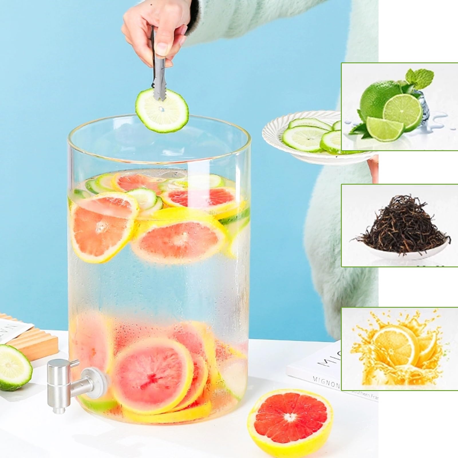 Dispensador de bebidas de vidrio con soporte, capacidad de 2.3 galones para bebidas frías y calientes, perfecto para fiestas y eventos