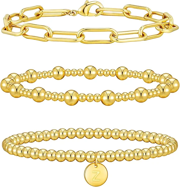 Wowshow Gold Bracelets for Women Strand Gold Beaded Bracelets for Women Initial Bracelet with A-Z Letter Gold Bracelet Stack Set 14K Gold Plated Bead Ball Bracelet Gold Jewelry Gifts for Women
