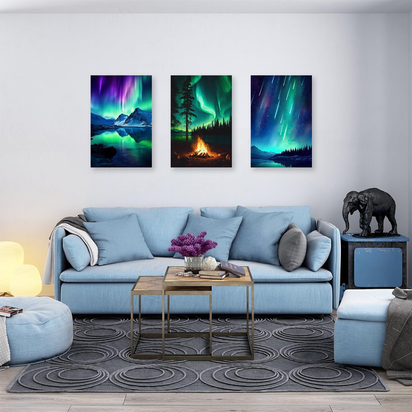 CXHOSTENT 3 Panels Aurora Borealis Canvas Wall Art Northern Lights Wall Decor Snow Mountain Lake Forest Bonfire Pictures Large Living Room Decor Frame (Aurora Borealis - 1, 11x14inchx3Pcs)