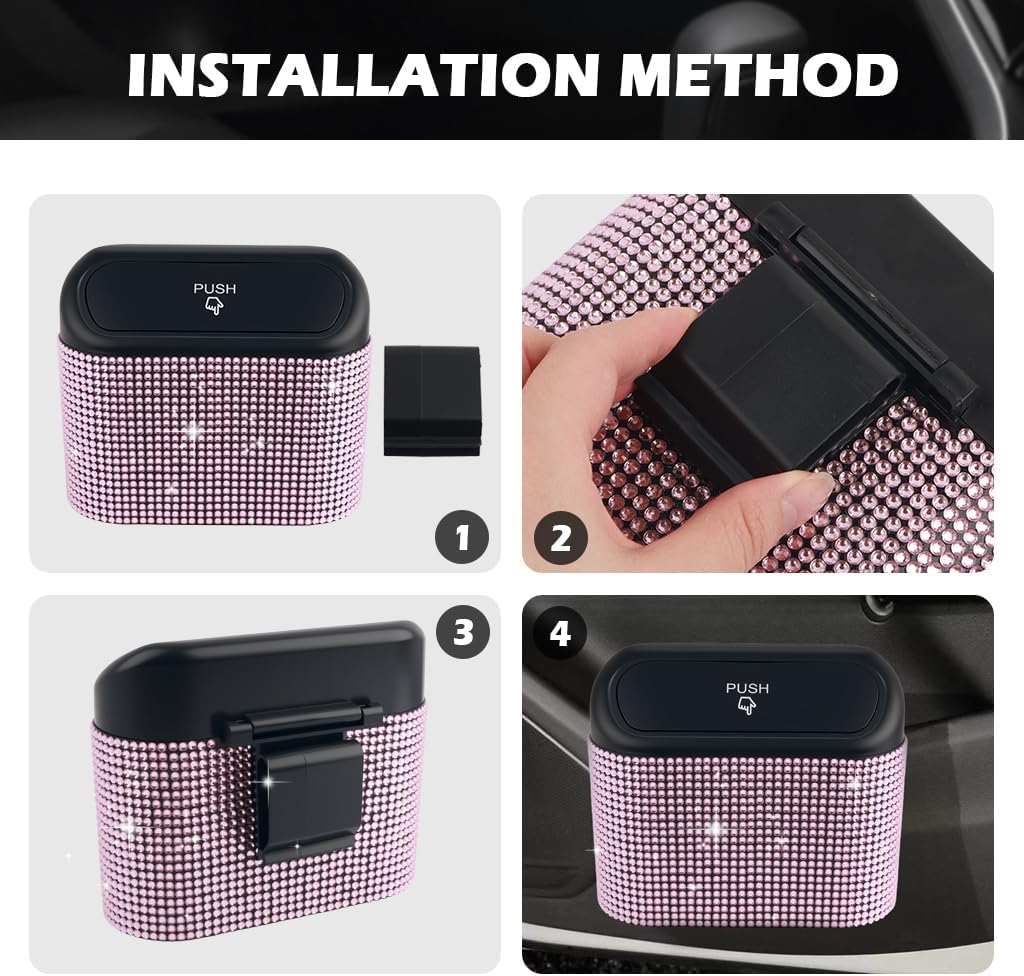Car Trash Can with Lid & Rhinestones Design,Push-on Car Trash Bin for Storing Trashes Items & Cars Decor Includes 30PCS Trashes Bag,Shiny Cars Garbage Can with Back Clip for Side Door (Black Diamond)