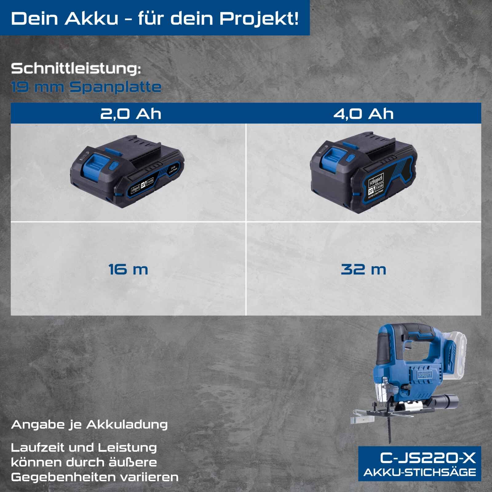 Scheppach Akku Stichsäge C-JS220-X | Hublänge 19mm | Hubzahl 2400 min-1 | Schnitttiefe 100mm Holz | Schnellspannfutter & Hubzahlregulierung | 20V-IXES-Serie | 10 Jahre Garantie | Ohne Akku & Ladegerät