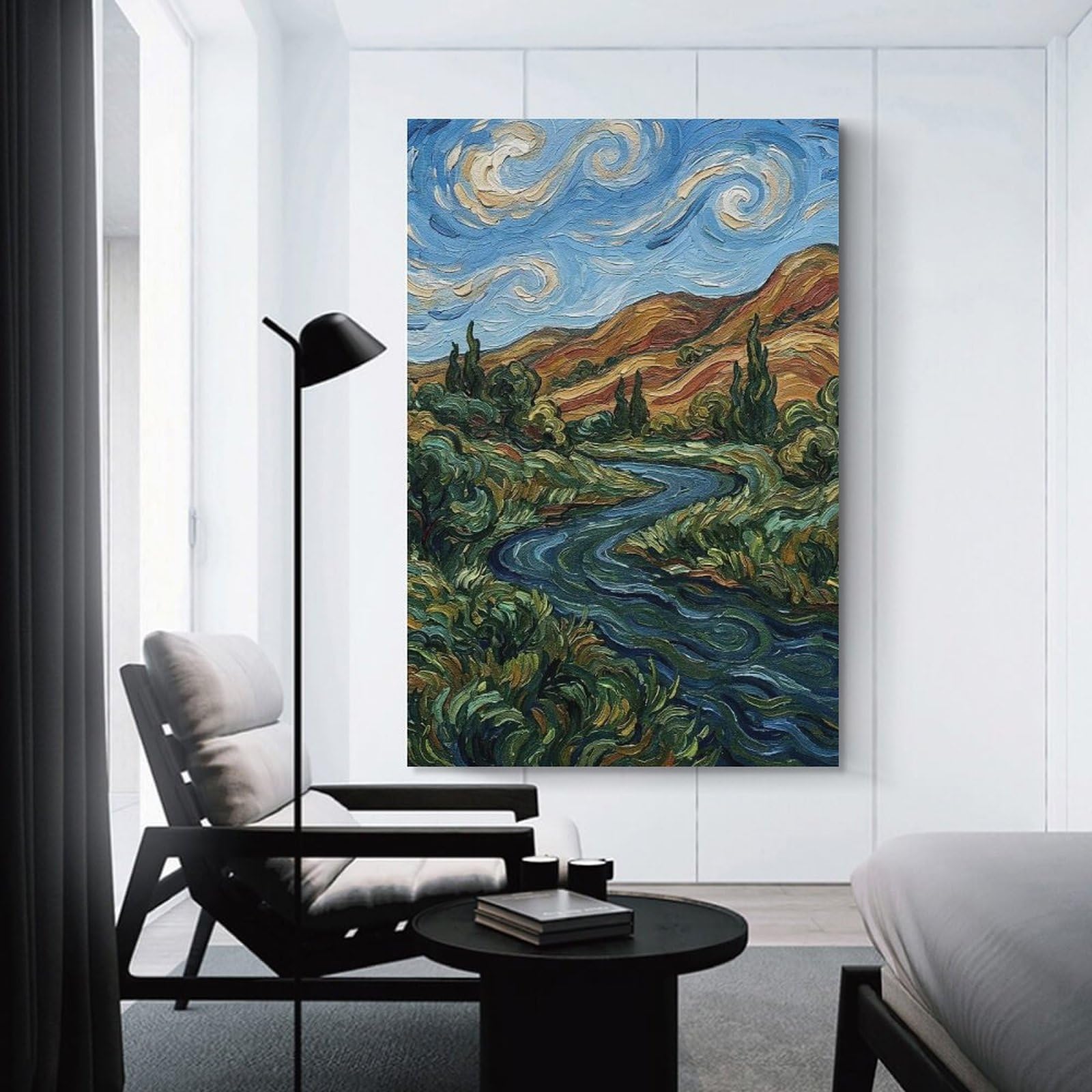 Junmoney Impressionist Landscape with River And Mountains Wall Art Print, 20x30inch(50x75cm), for Workspace Walls, Study Corners Or Bedrooms, A Smart Decor Choice for Study Walls