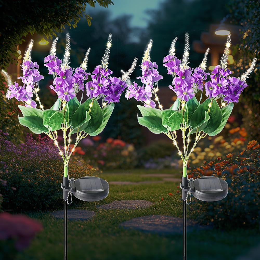 RNPKZ Solar Flower Lights Outdoor Garden, 2 Pack Waterproof Lavender Solar Garden Light, Decorative Flower Solar Lights for Lawn Patio Porch Flowerbed Pathway Decor, Create a Romantic Night (Purple)