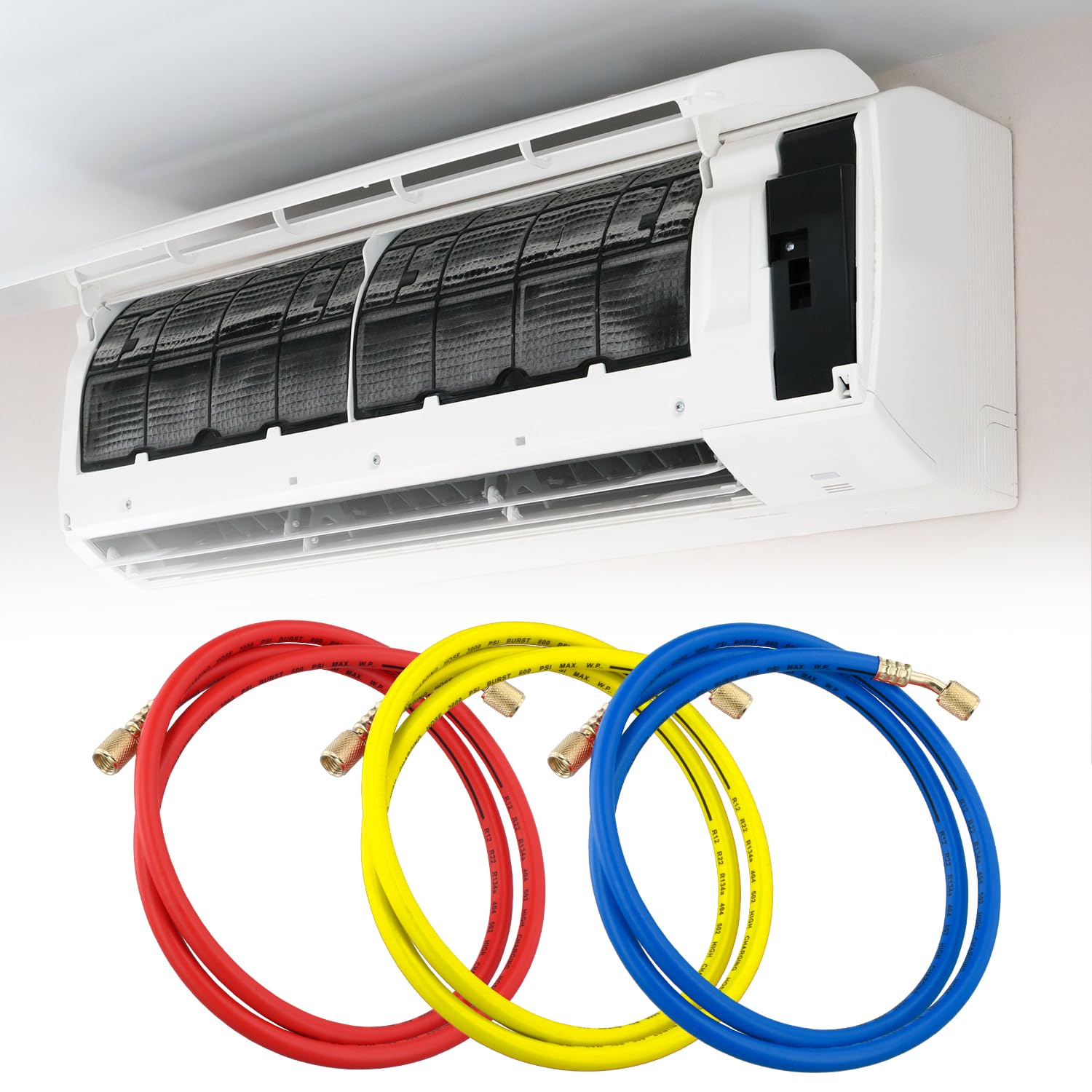 QWORK® 1,5 m wąż do ładowania czynnika chłodniczego, R134a, klimatyzacja, węże napełniające czynnikiem chłodniczym, 1/4", 600-3000 psi, wysokie ciśnienie