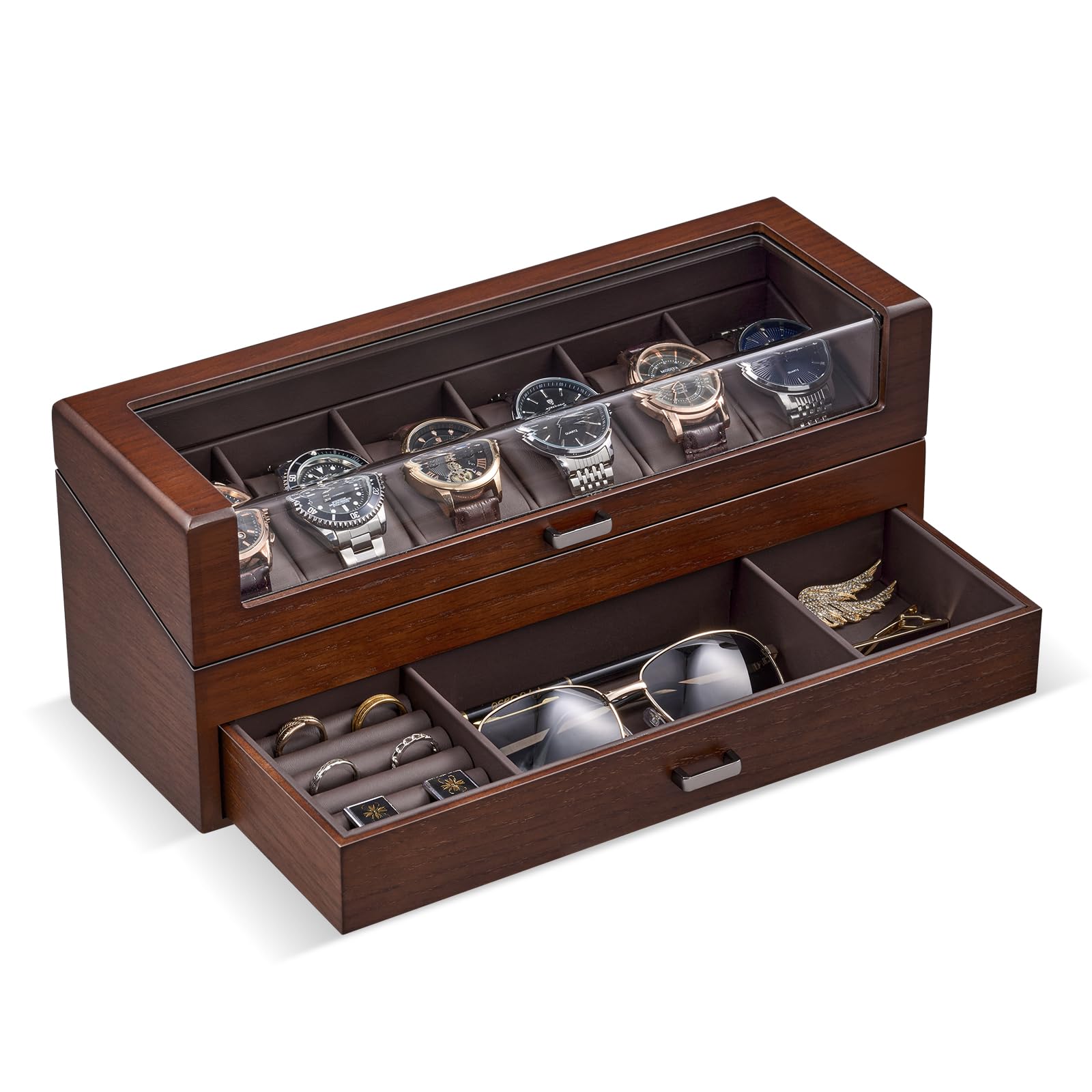 HVMBEUGOS Wooden Watch Box for Men, Wood Watch Display Case with Glass Lid, Men's Jewelry Organizer Box with Drawer -6 Slot, Walnut