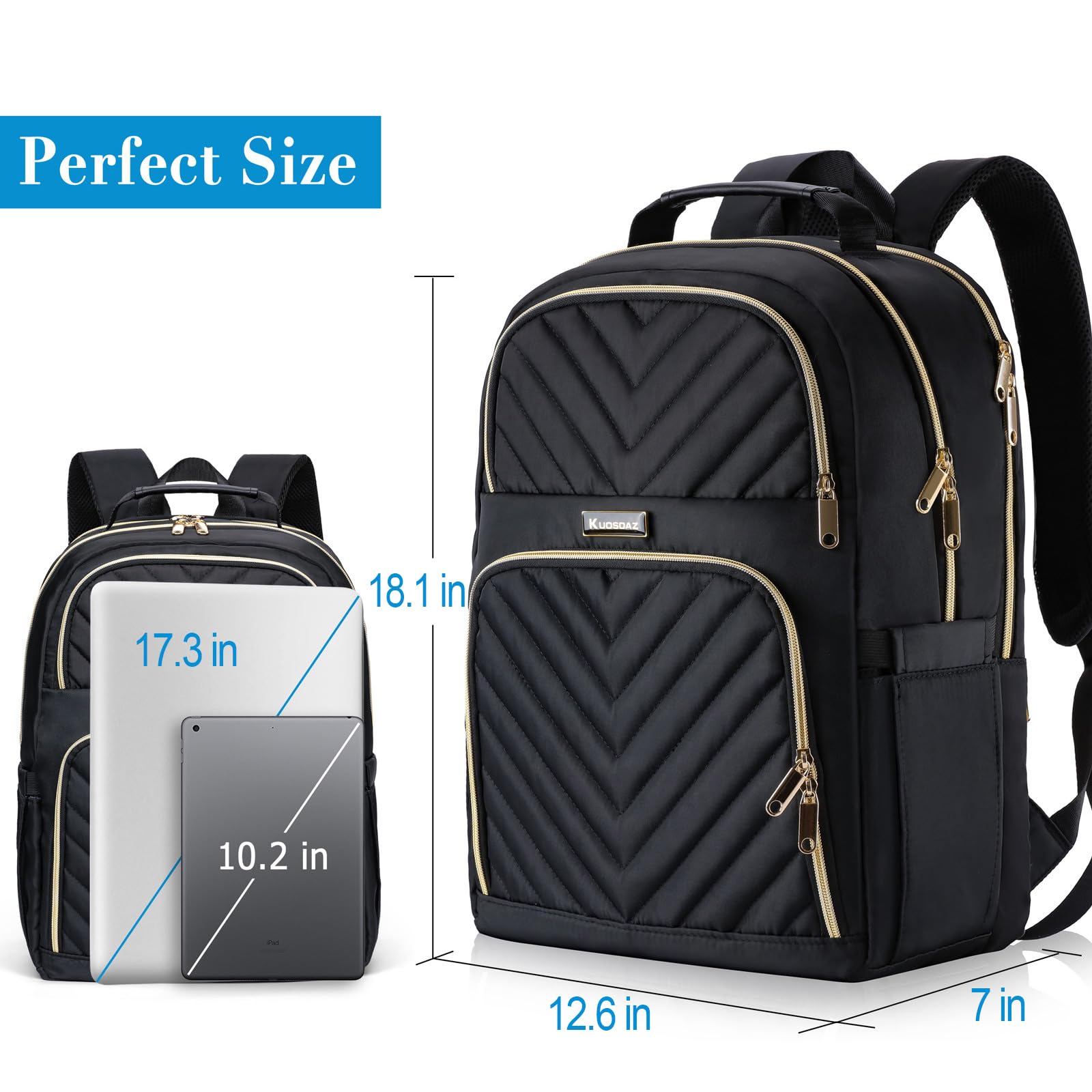 Rucksack Damen Arbeit Rucksack, 17.3 Zoll Schulrucksack Mädchen Teenager | Laptop Rucksack Stylischer Daypack Wasserdichte für Schule, Uni, Reisen, Schwarz