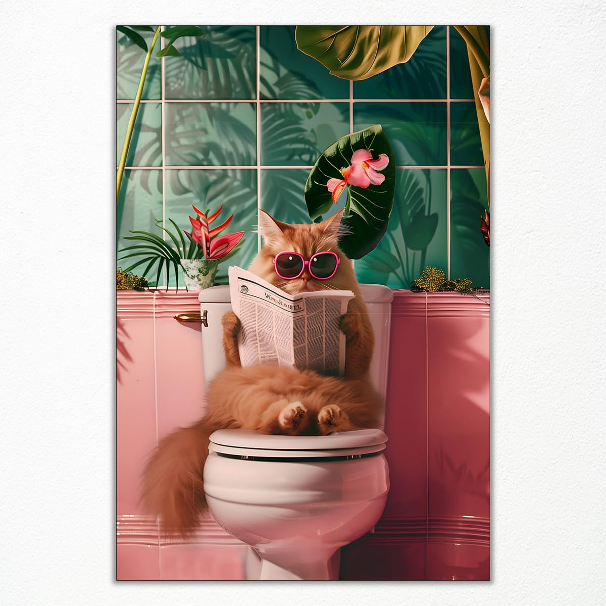 Prinajssiad Bathroom Cat 02 Funky Pink Toilet Bathroom Canvas Wall Art, Cat Reading Newspaper, Botanical Plant, 16X24in Unframed