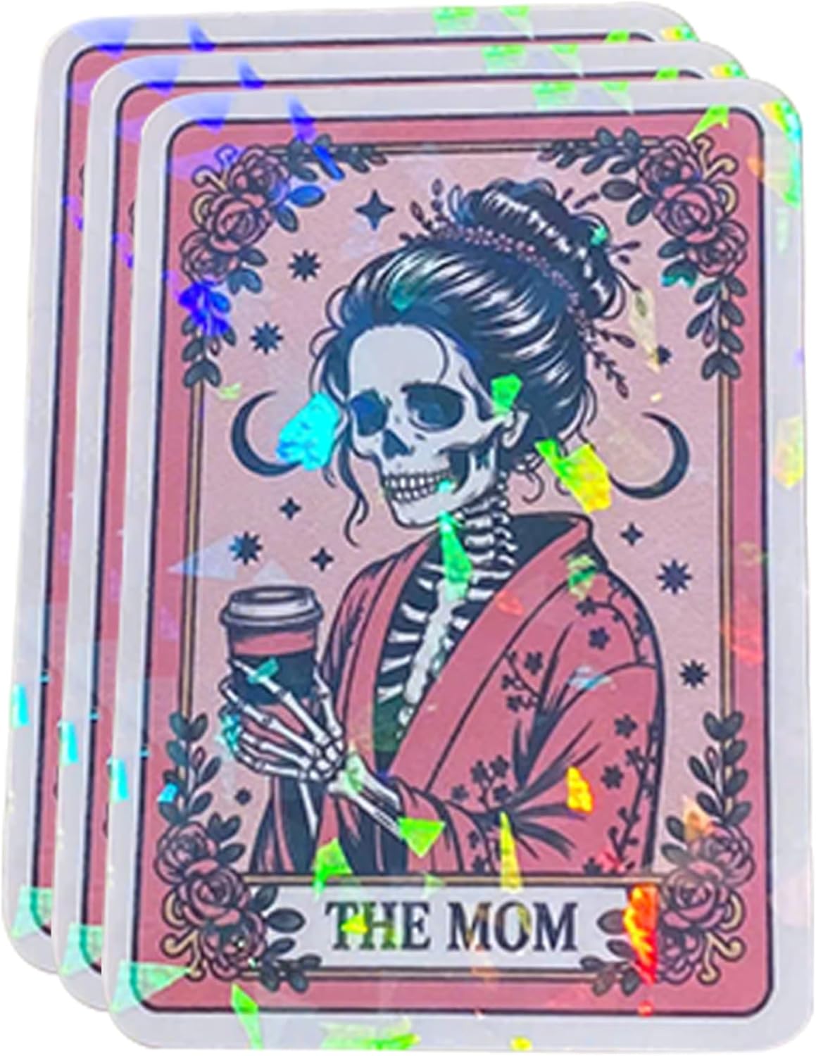 (3 Pcs) Holographic The Mom Funny Tarot Card Sticker - Skeleton Coffee Decal for Laptop Water Bottle Gifts 3 Inches