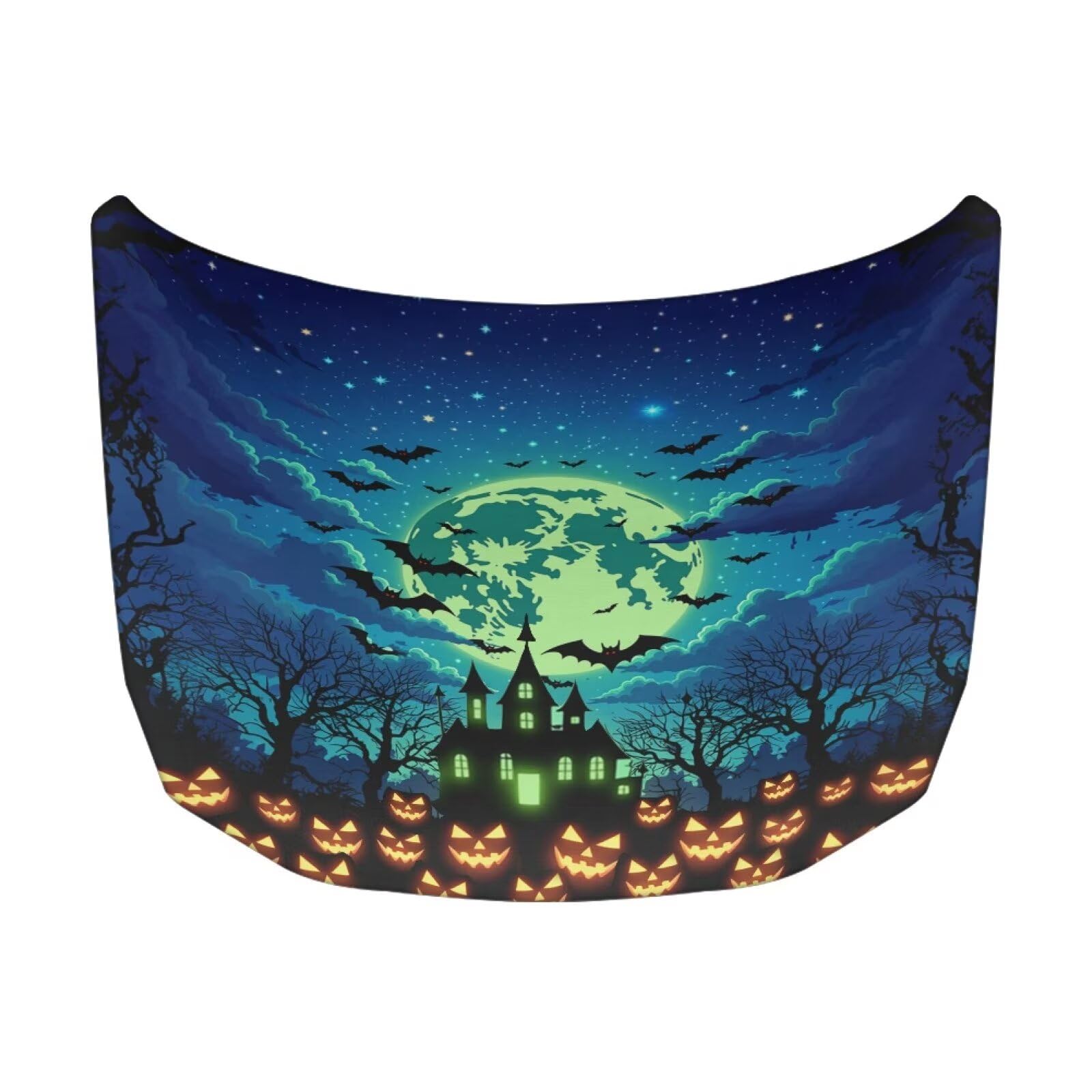 Haunted House Night Sky Print Car Hood Cover Stretchable Auto Hood Wrap Blankets Waterproof Automotive Halloween Outdoor Decorations for Compact Sedans SUV Trucks Van