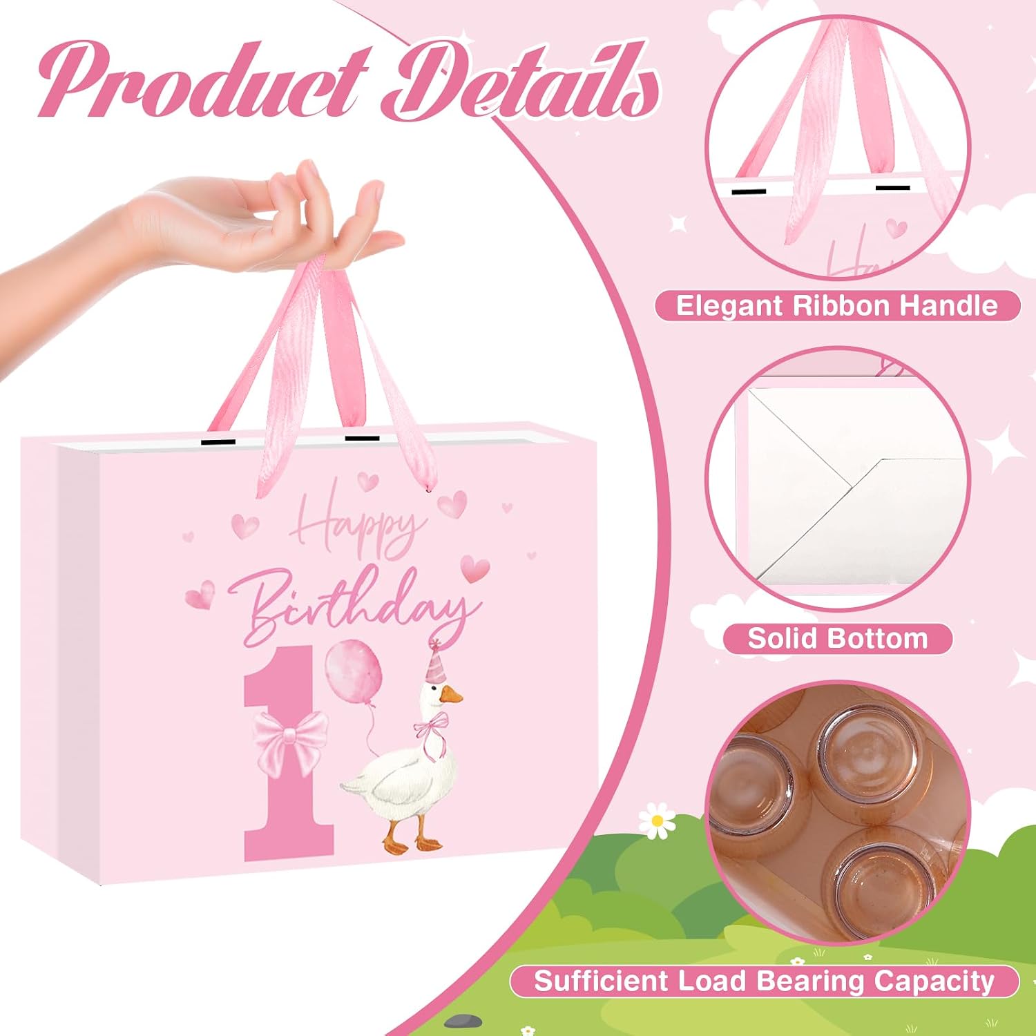 TagreSpike Silly Goose 1st Birthday Gift Bag A Little Goose Gift Bag with Card and Tissue Paper Large Pink First Birthday Wrapping Paper Bag for Girls Newborn Baby Shower First Bday Party Supplies