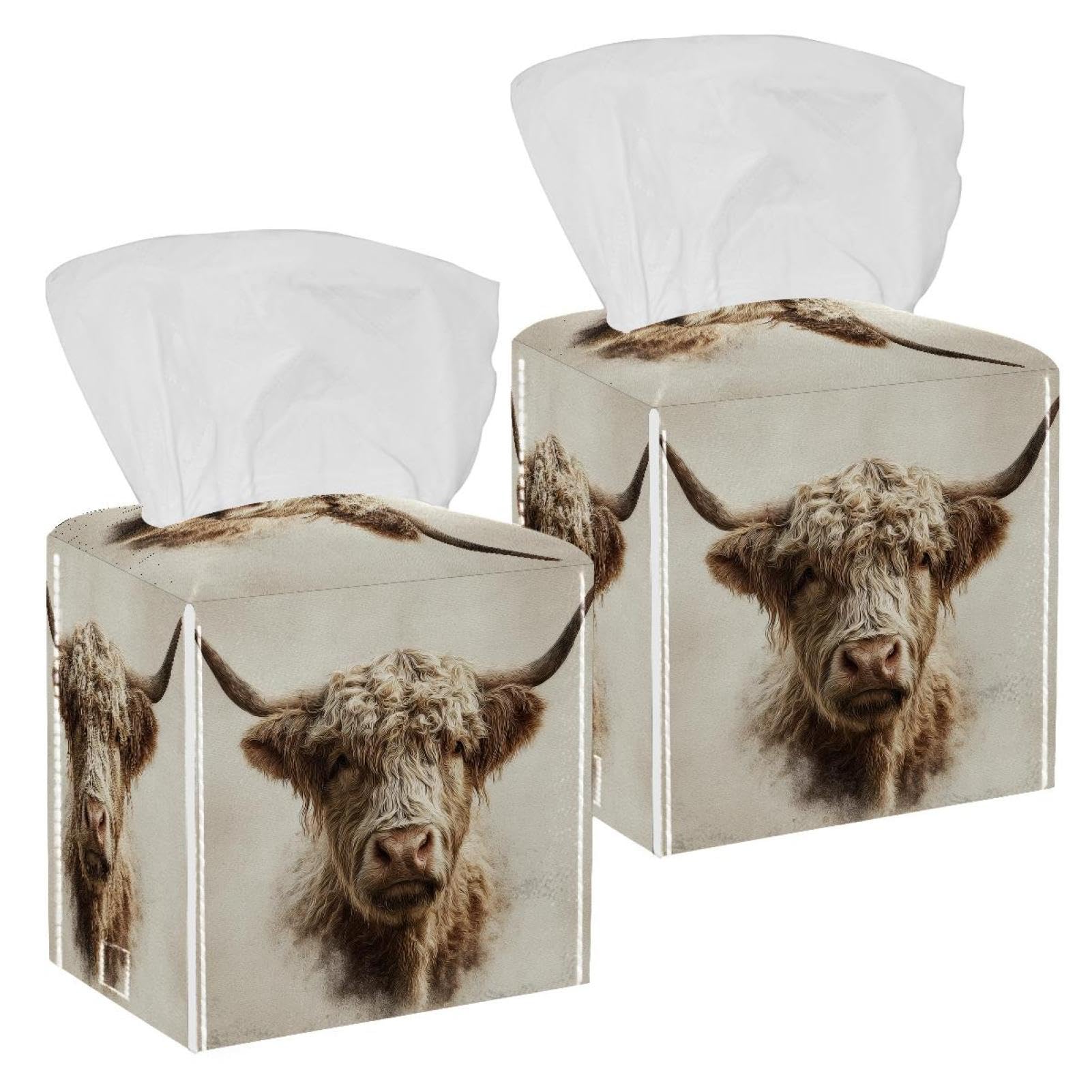Highland Cow Tissue Box Cover, 2 Pack PU Leather Square Facial Tissue Dispenser Box holder for Home Office Car