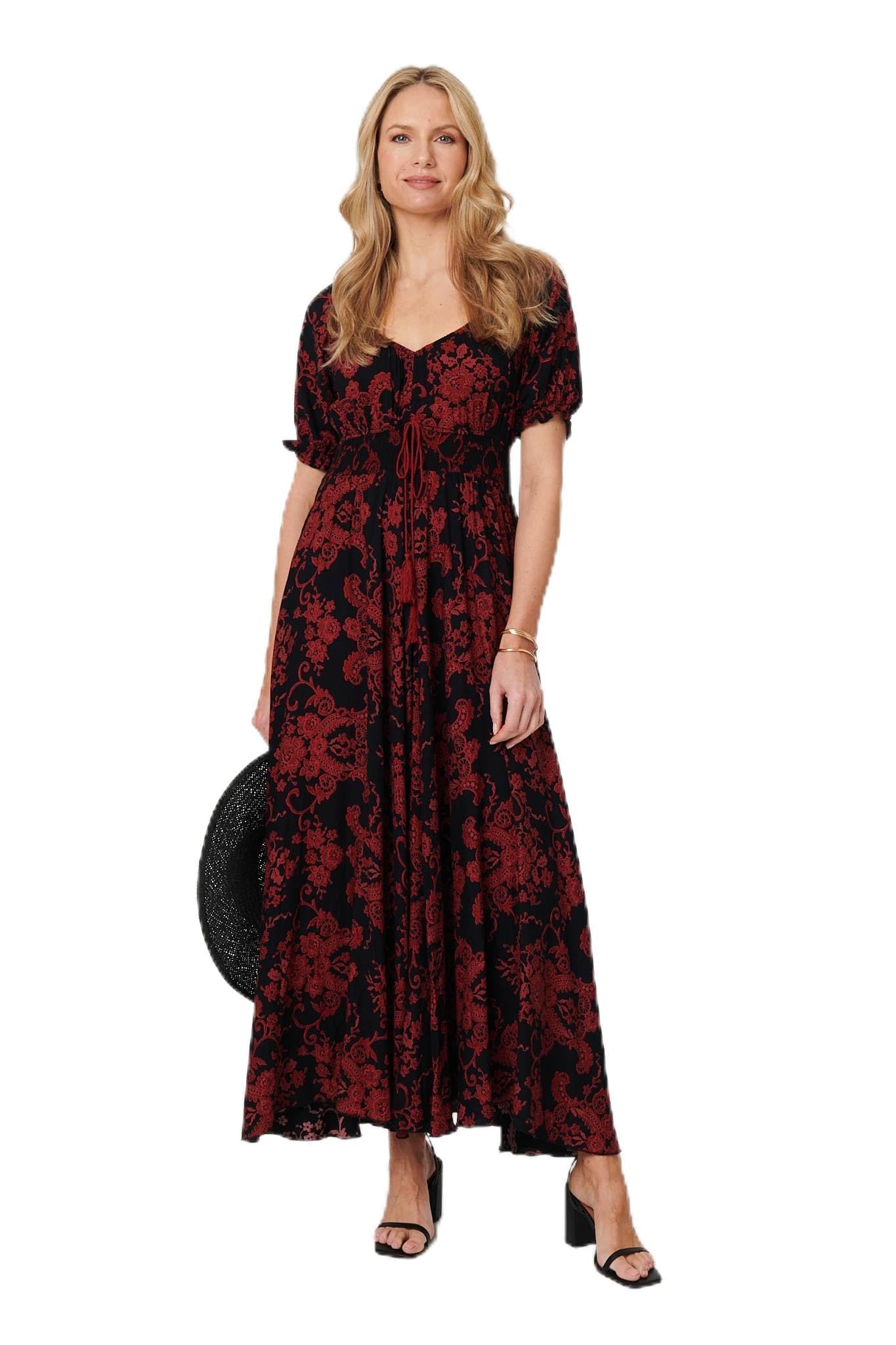 Izabel London Women's Black Baroque Print Puff Sleeve Maxi Dress In | Size: 16