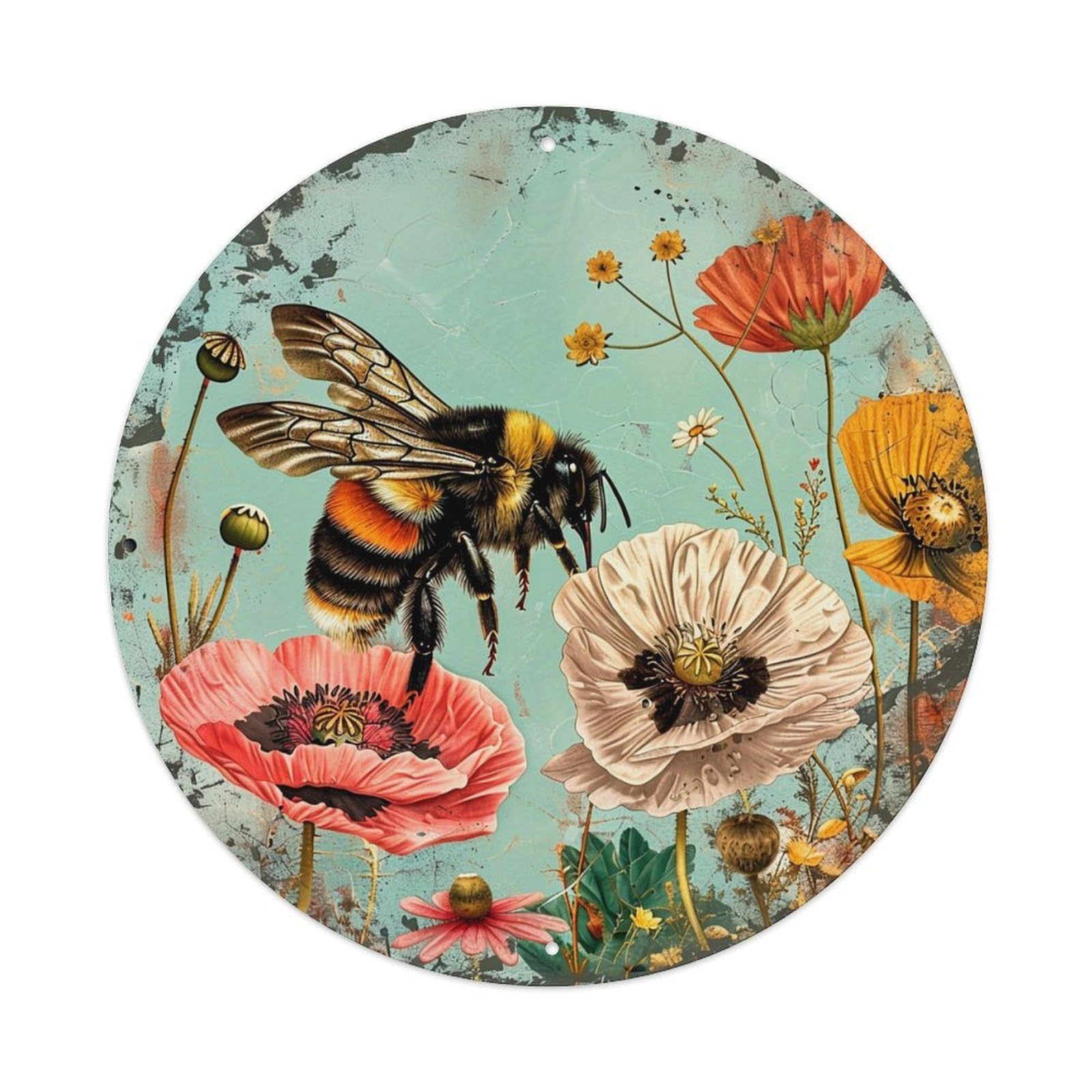 Bee Poppy Flower Garden Art Metal Tin Sign Plaque